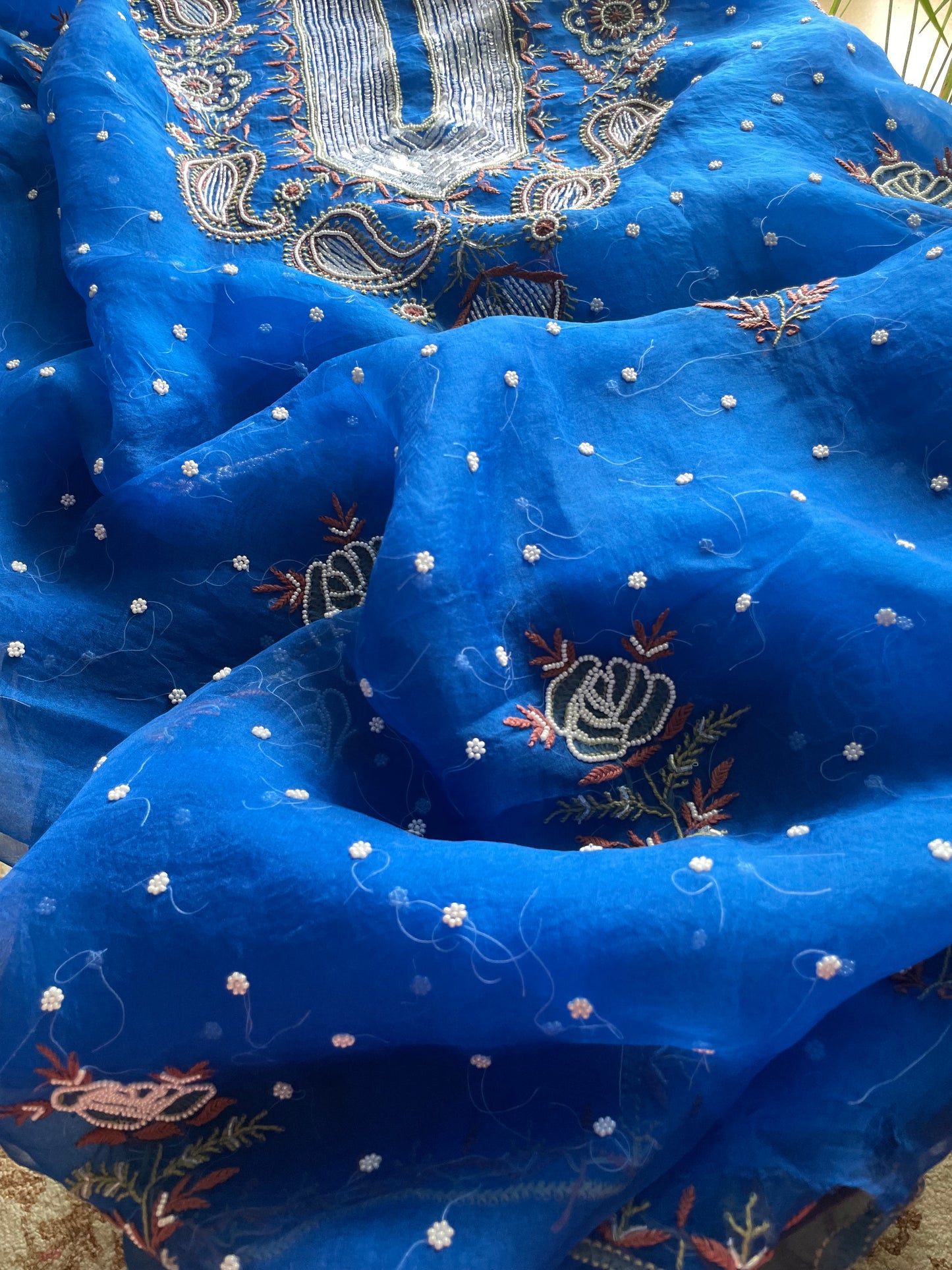 Royal Blue Chikankari pearl sequins pure Organza kurta with dupatta