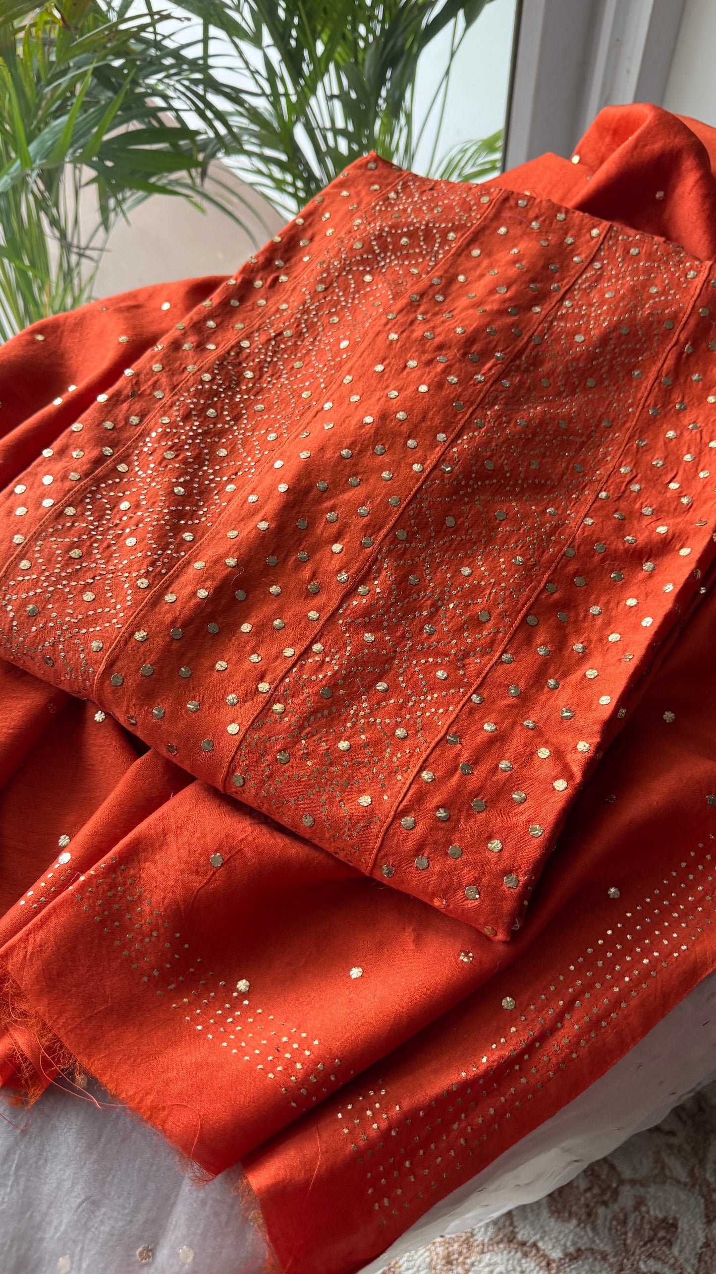 Rust Orange Allover Heavy Mukaish Chanderi Silk Anarkali with Dupatta