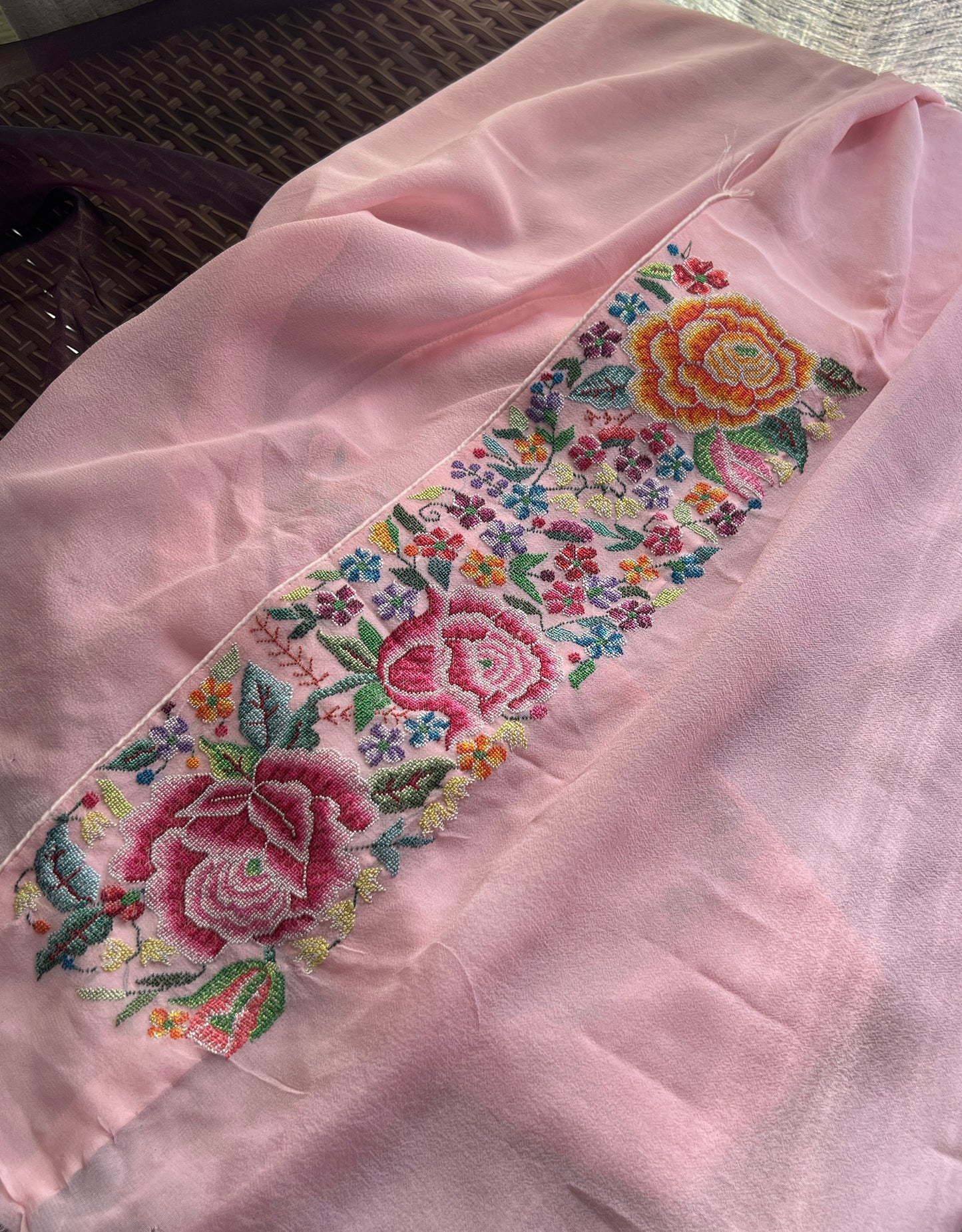 Blush Pink Masterpiece Petit Point Hand Embroidered Saree