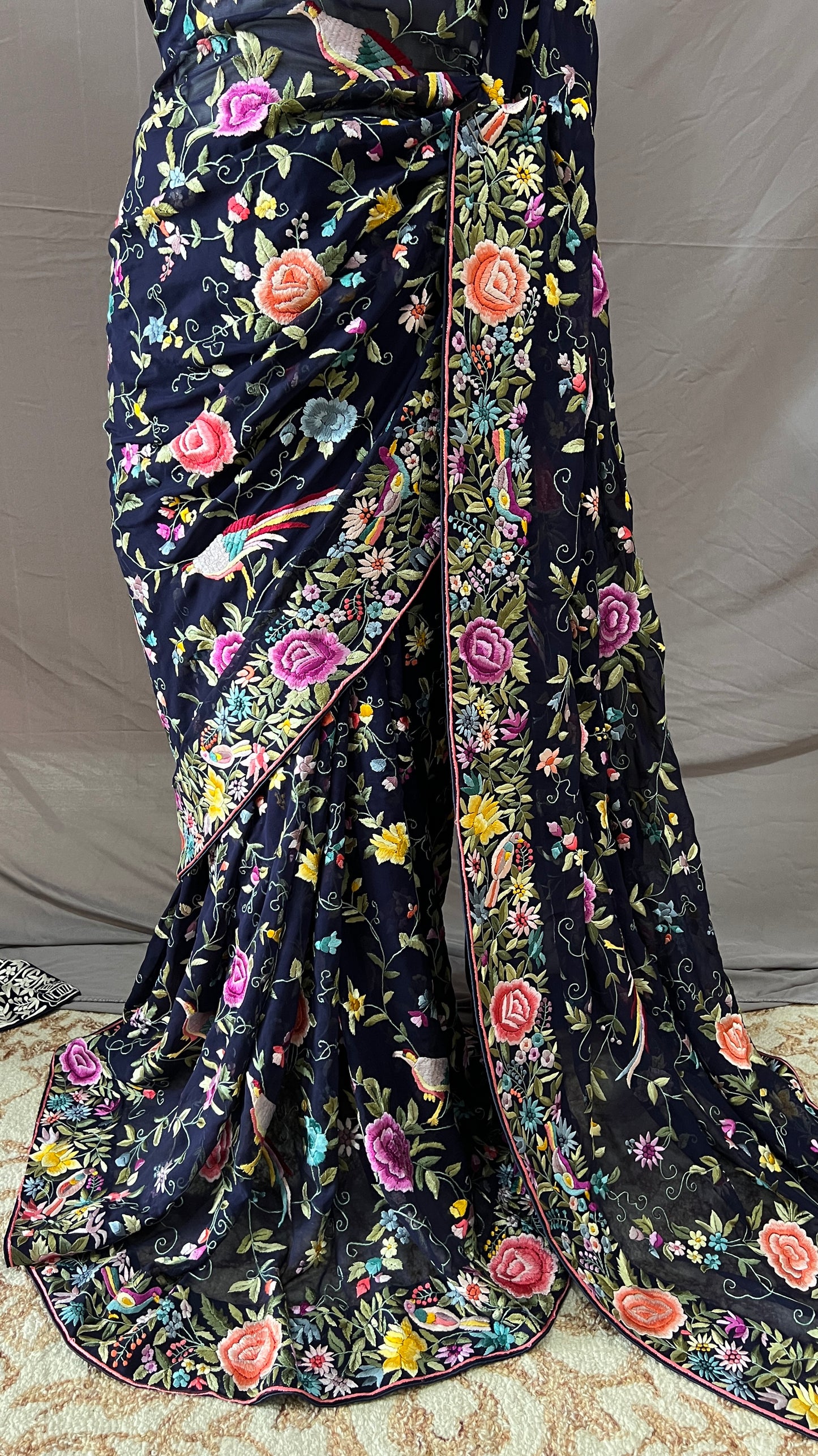 Midnight Blue Masterpiece Parsi Gara Pure Georgette Saree