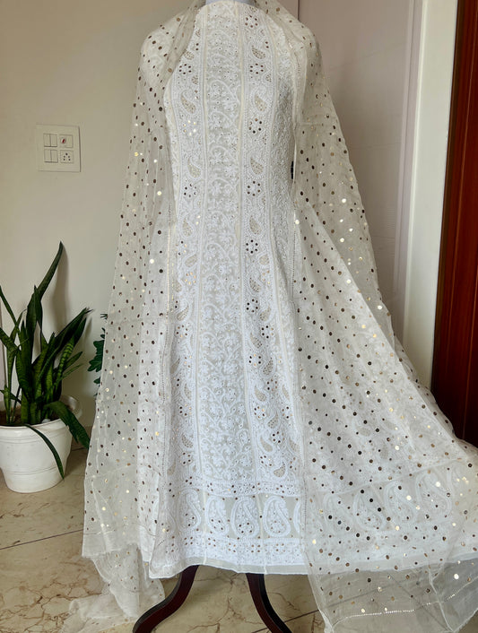 Chikankari and mukaish anarkali with organza dupatta