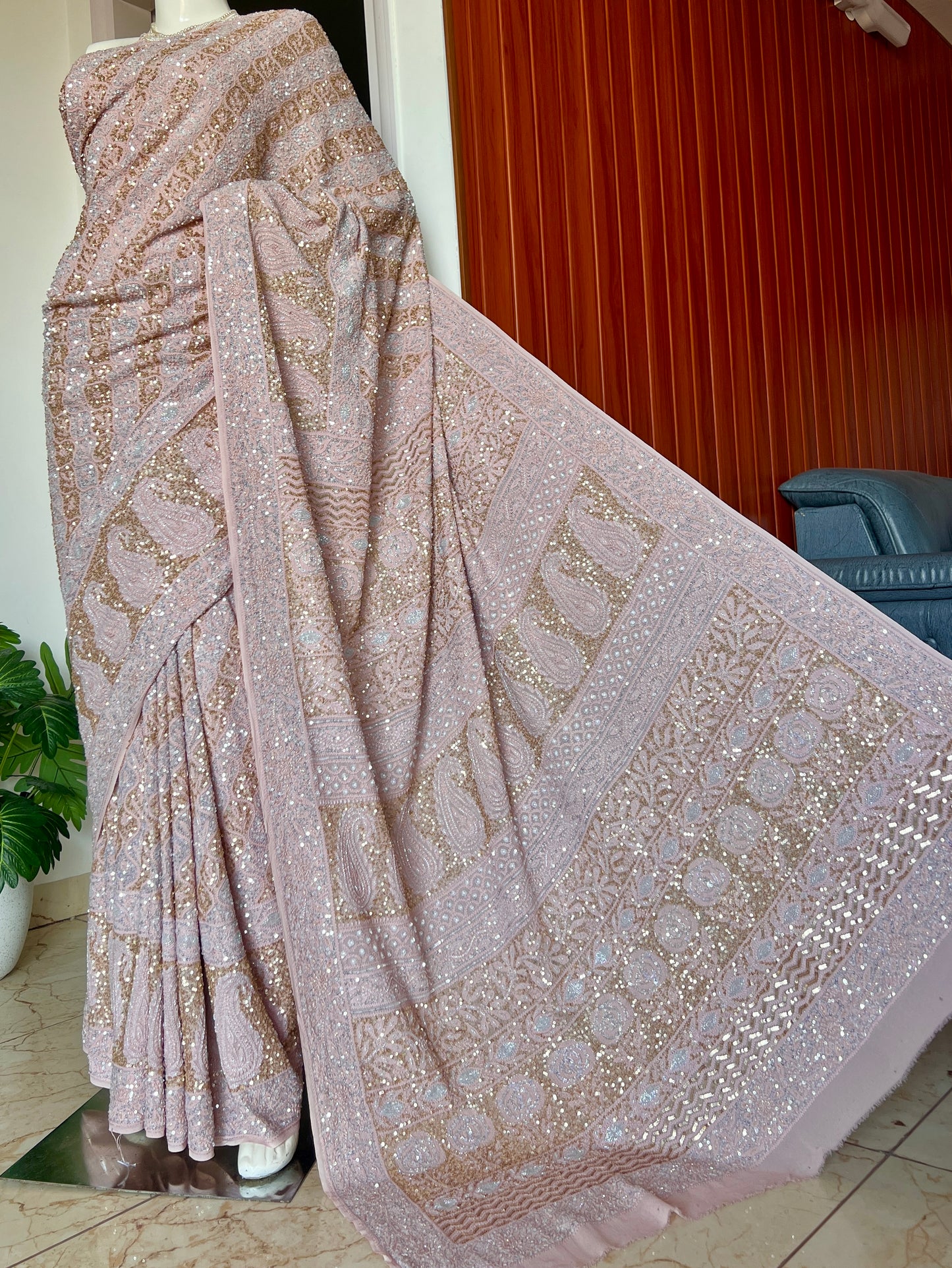 Ruhani Old Rose Chikankari Sequins Cut Dana Embroidered Masterpiece Saree