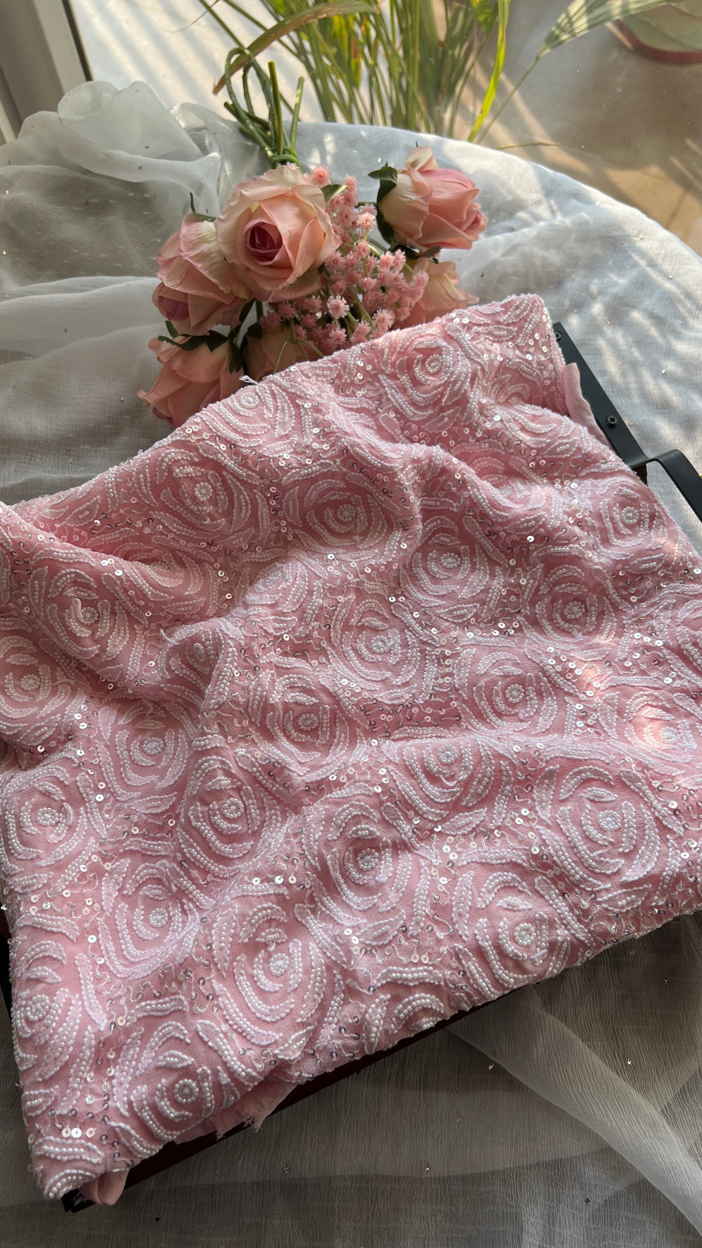 Blush pink fine Chikankari Pearl and sequins Embroidered Kurta and Dupatta