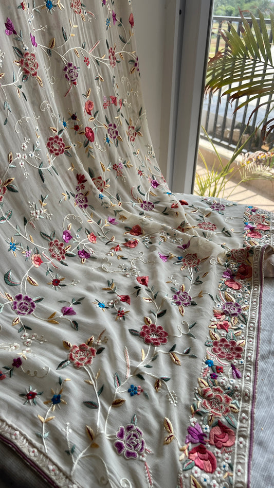 Ivory Masterpiece French knot and Parsi Gara Dupatta