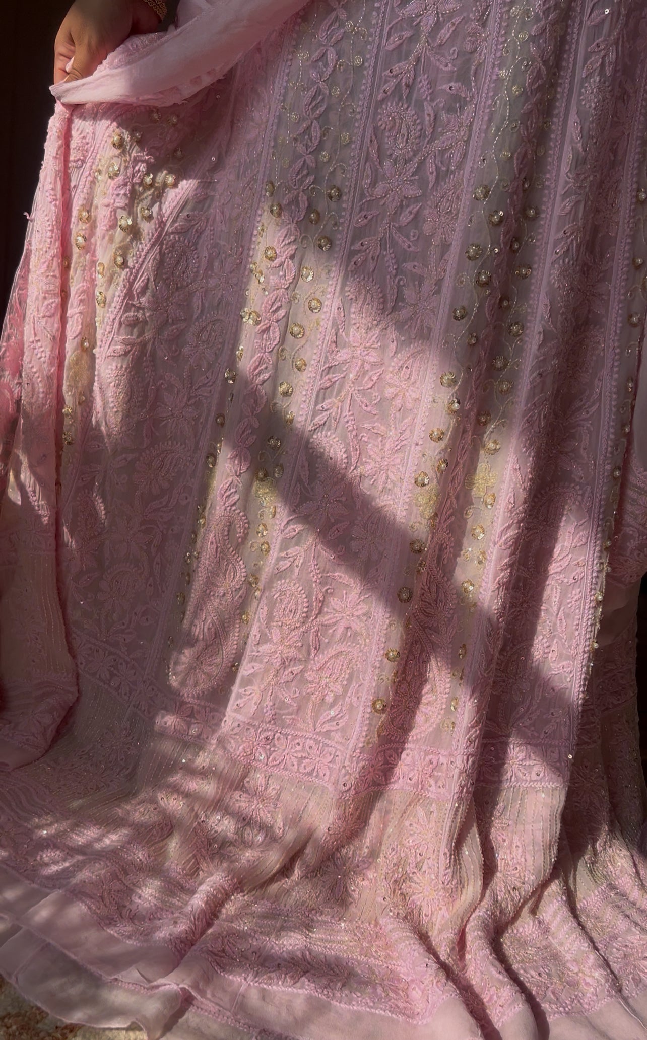Pretty pink Chikankari Sequins Cut Dana pearl Anarkali