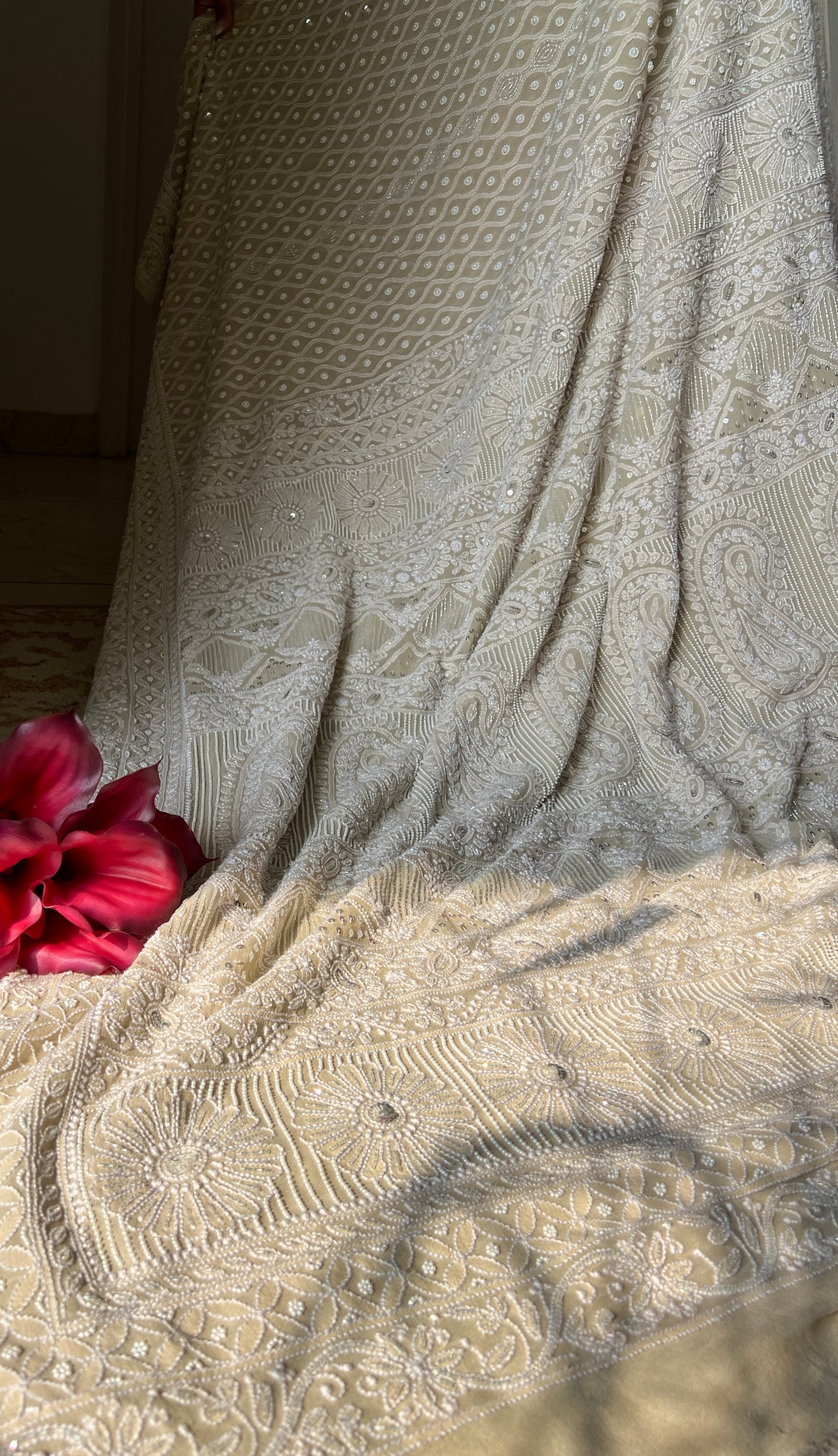 Ruhani Nude Champagne Chikankari Pearl Cut Dana and Sequins Saree