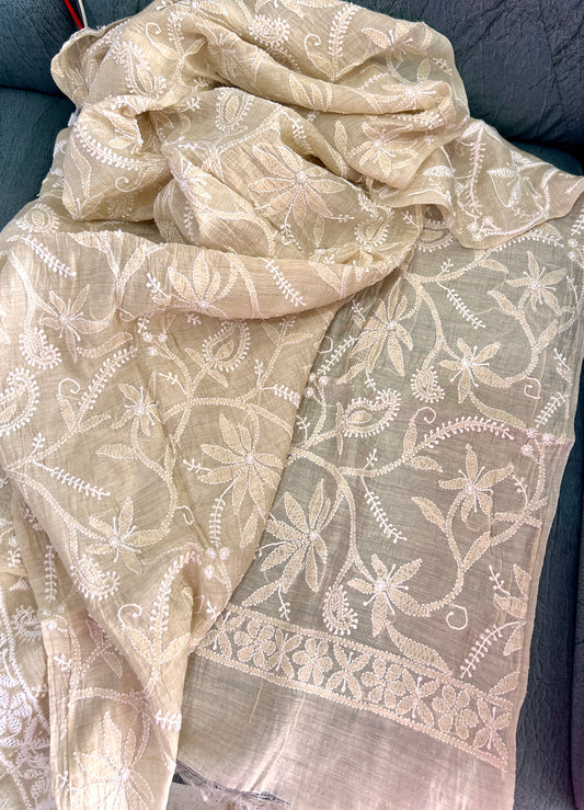 Munga silk dupatta with fine Chikankari