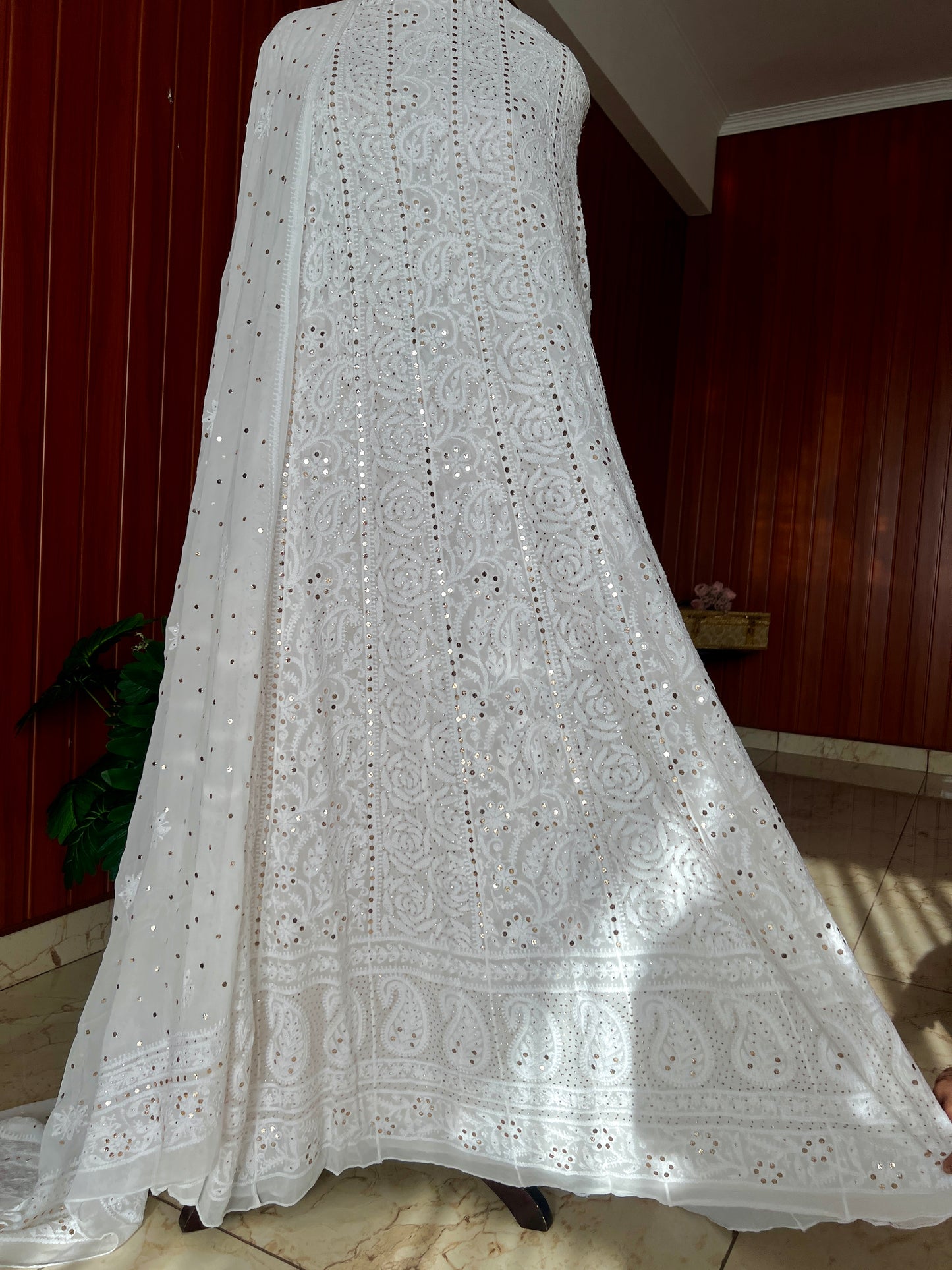 White allover Chikankari and mukaish anarkali with dupatta
