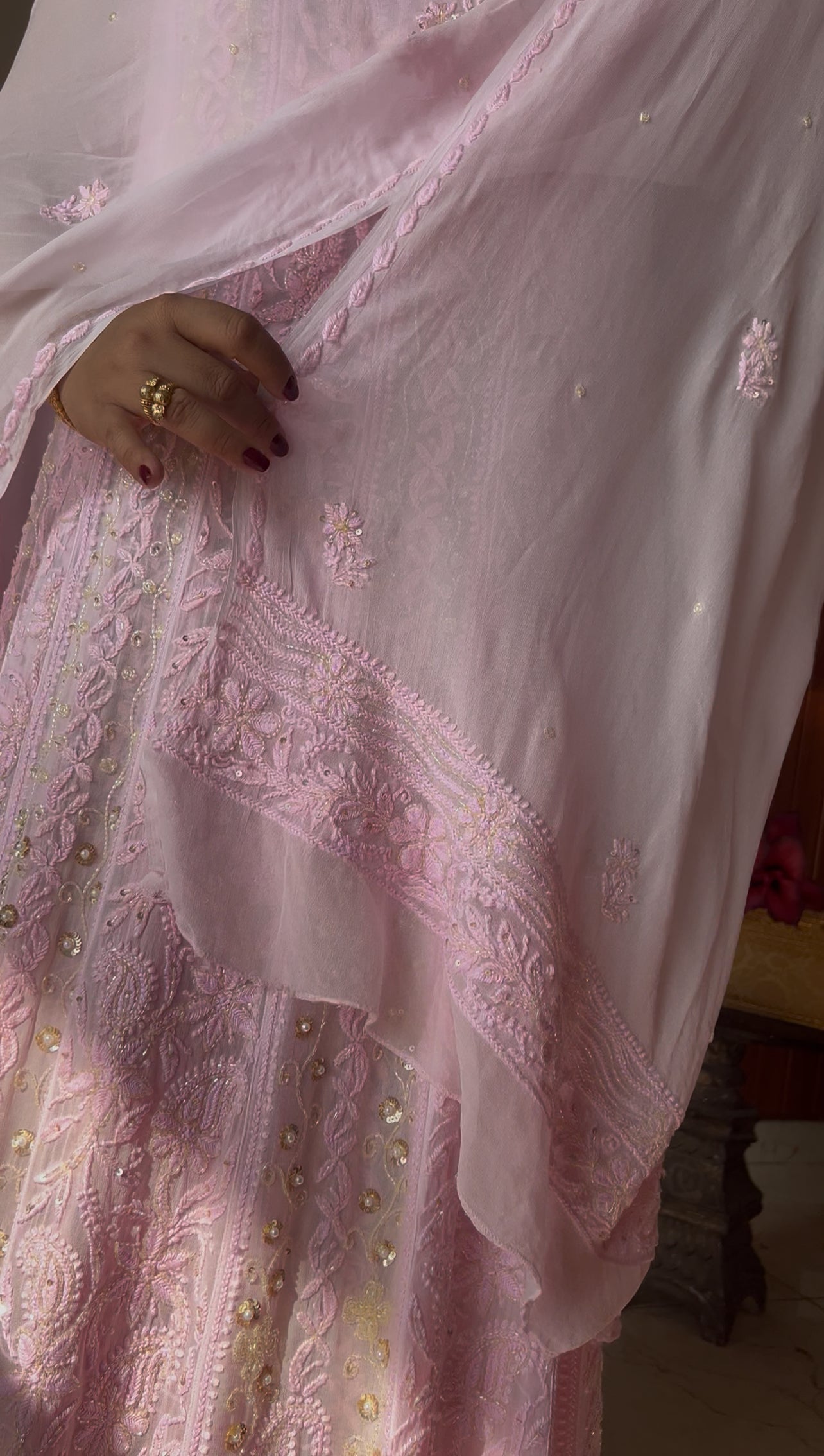 Pretty pink Chikankari Sequins Cut Dana pearl Anarkali