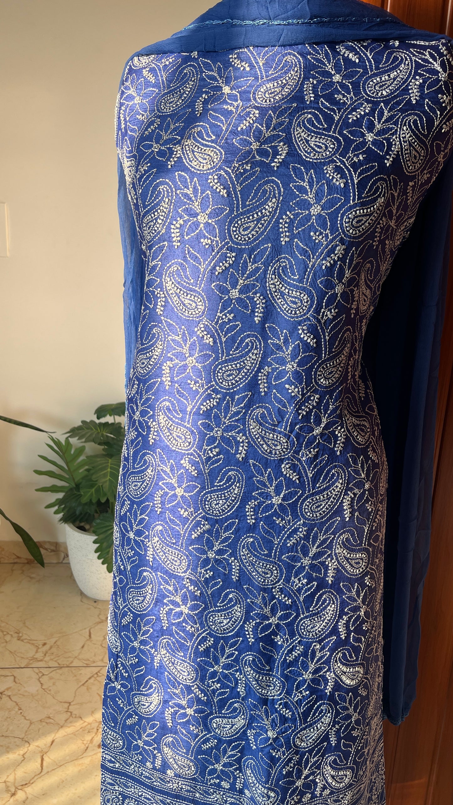 Tussar silk Chikankari embroidered kurta with chiffon dupatta