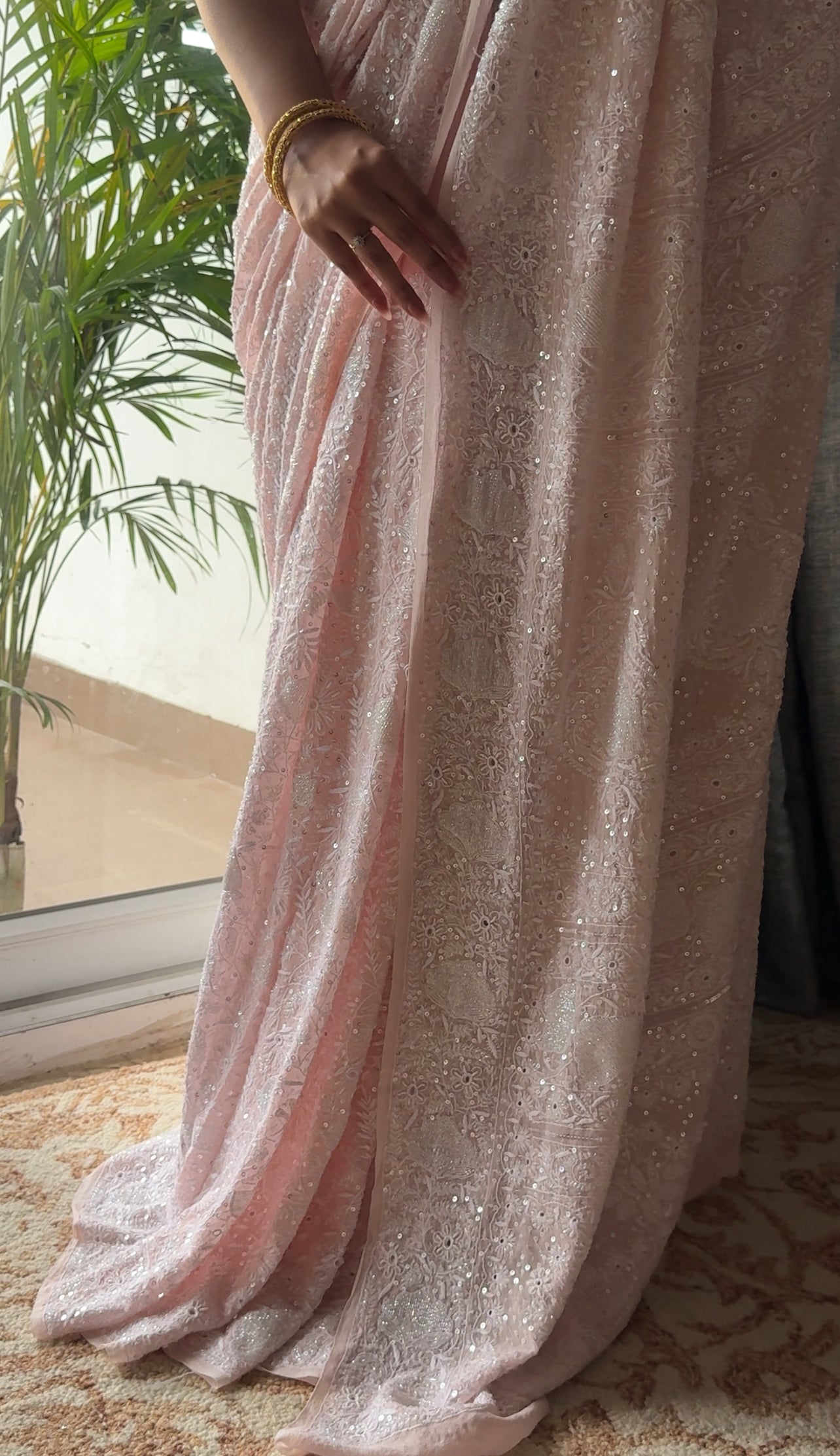 Suhaan Blush Pink Chikankari Do Taar Saree