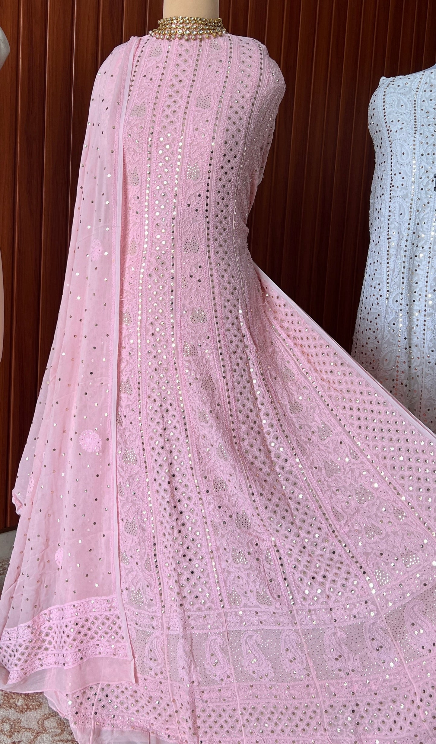 Pink allover Chikankari and mukaish anarkali with dupatta