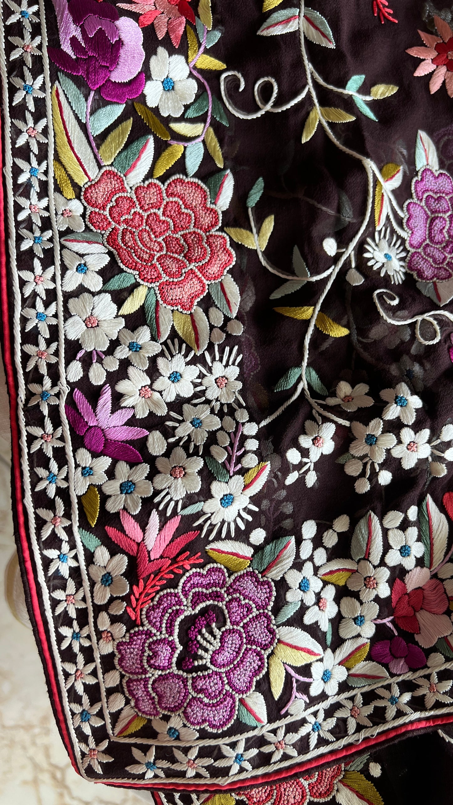 Coffee Brown Masterpiece French knot and Parsi Gara Saree