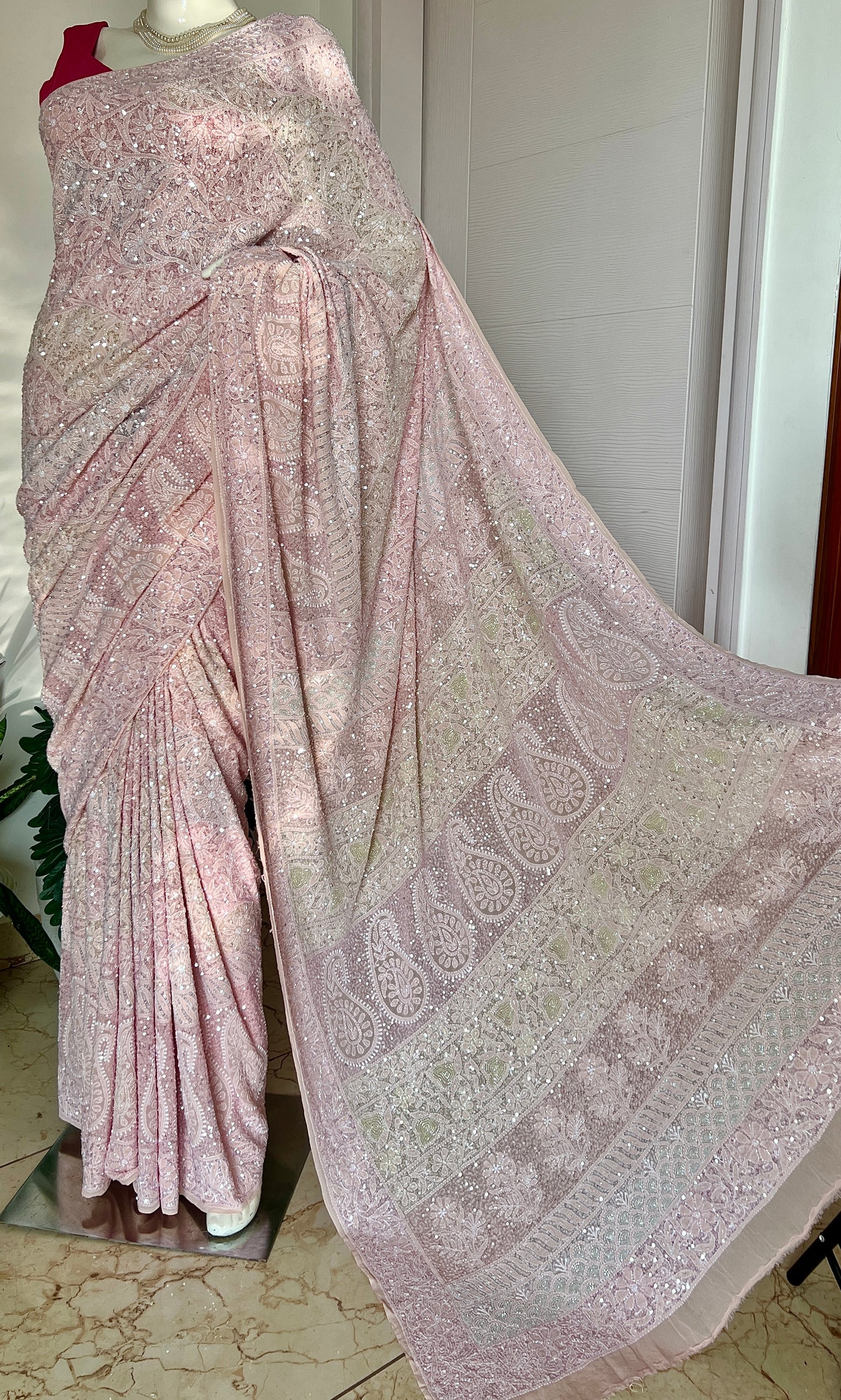 Ruhani Blush Pink Chikankari Multi Cut Dana and Sequins Saree