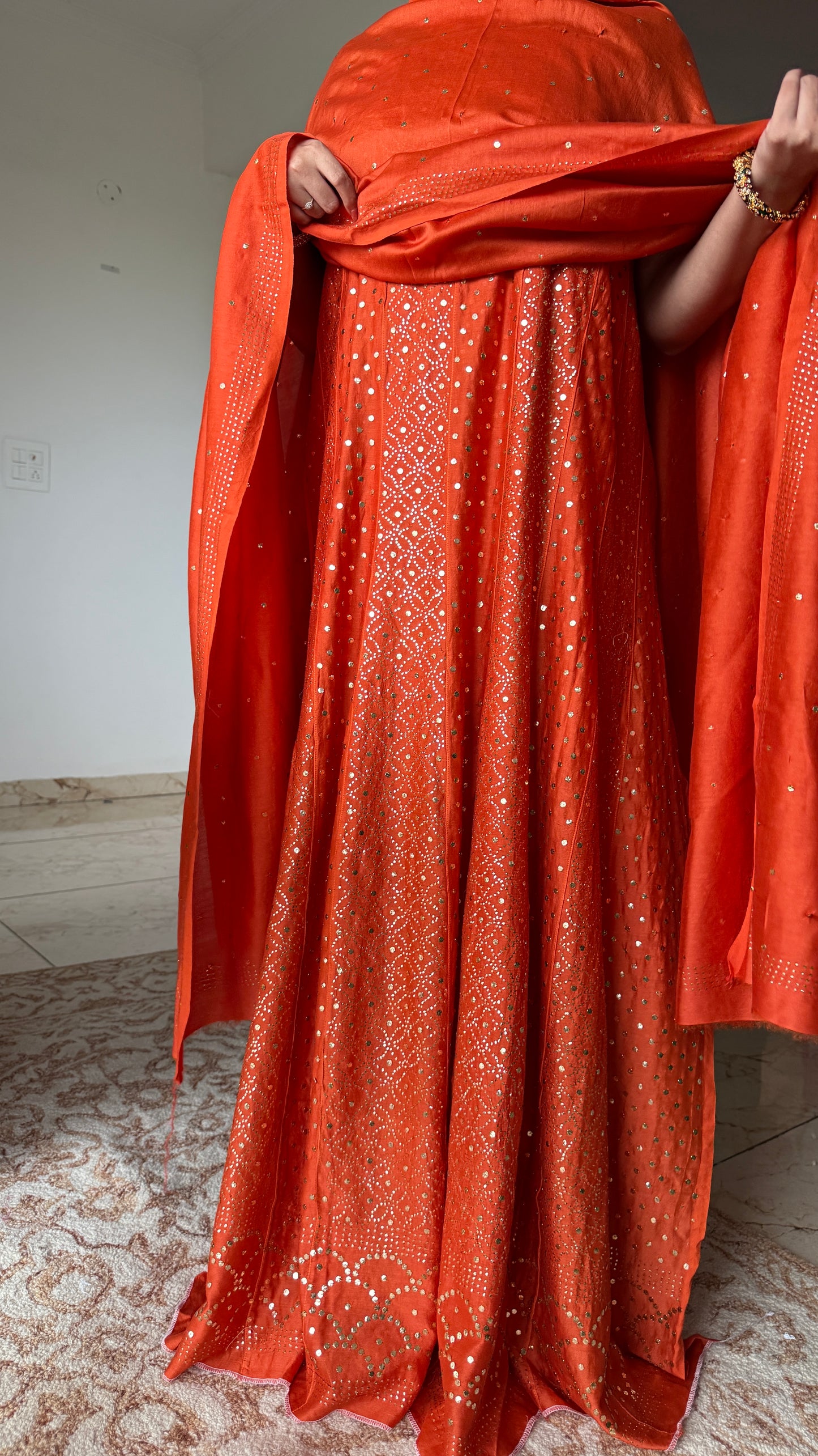 Rust Orange Allover Heavy Mukaish Chanderi Silk Anarkali with Dupatta