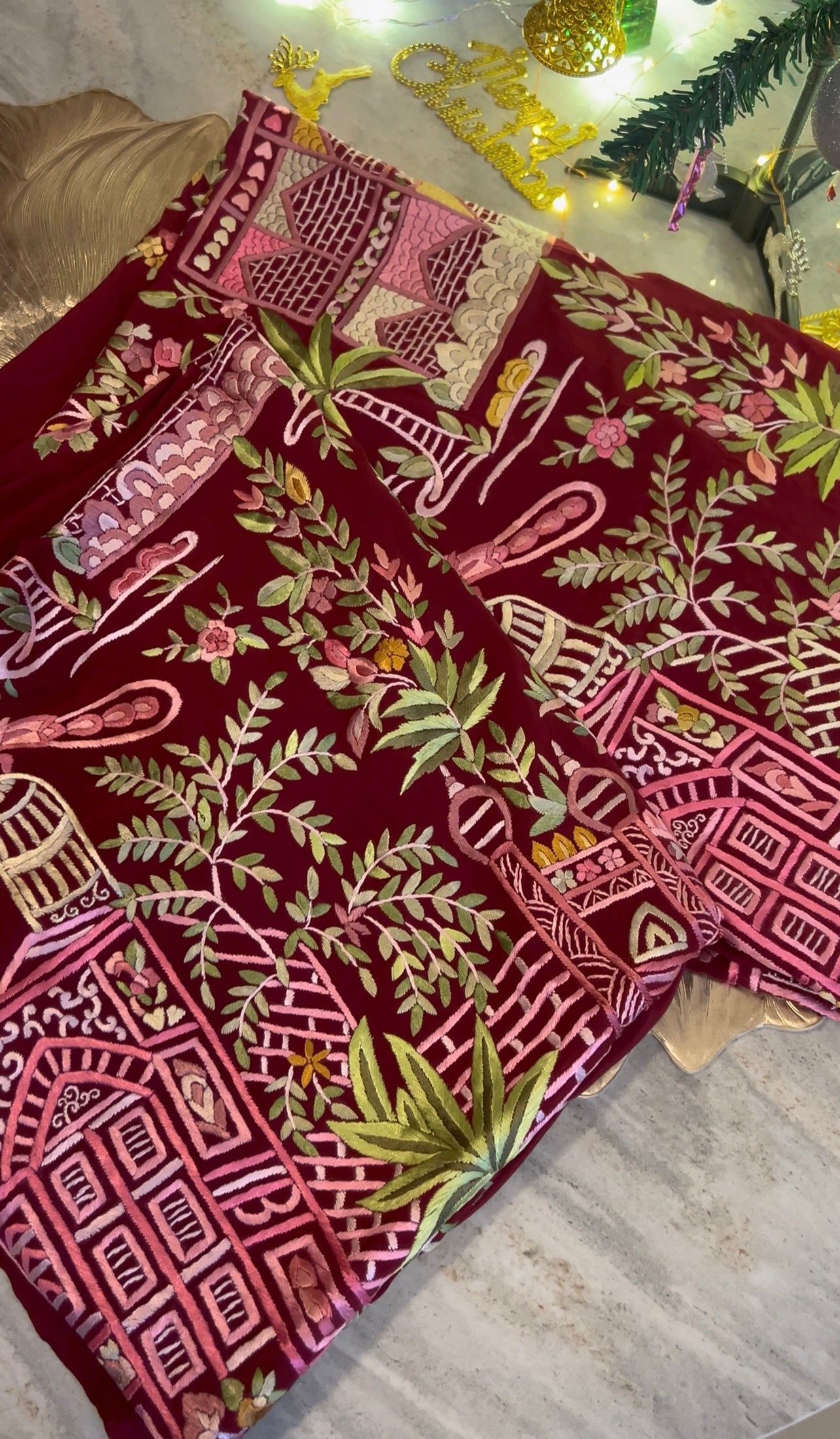 Maroon Masterpiece Hand Embroidered Parsi Gara kurta set