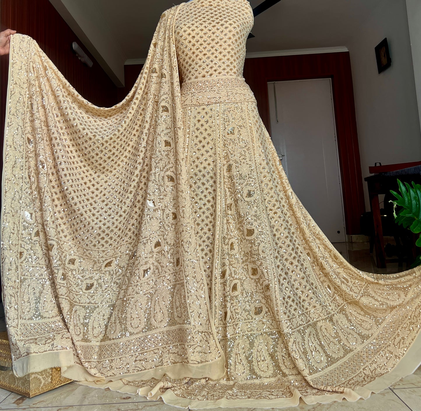 Masterpiece Ruhani Golden Beige Chikankari Sequins Wedding Lehenga