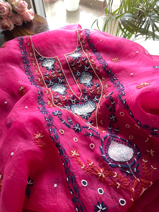 Hot Pink Chikankari pearl sequins pure Organza kurta with dupatta