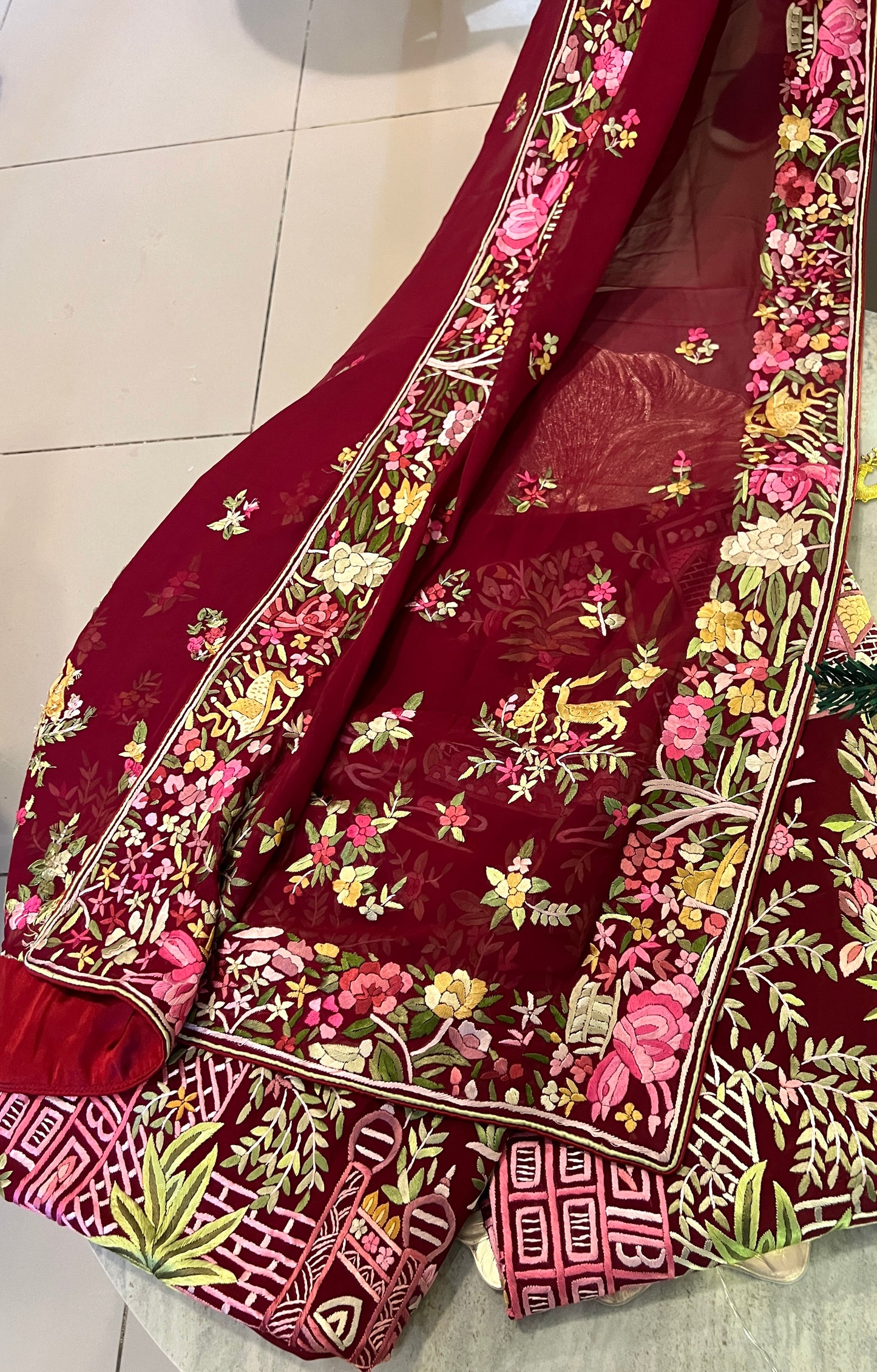 Maroon Masterpiece Hand Embroidered Parsi Gara kurta set