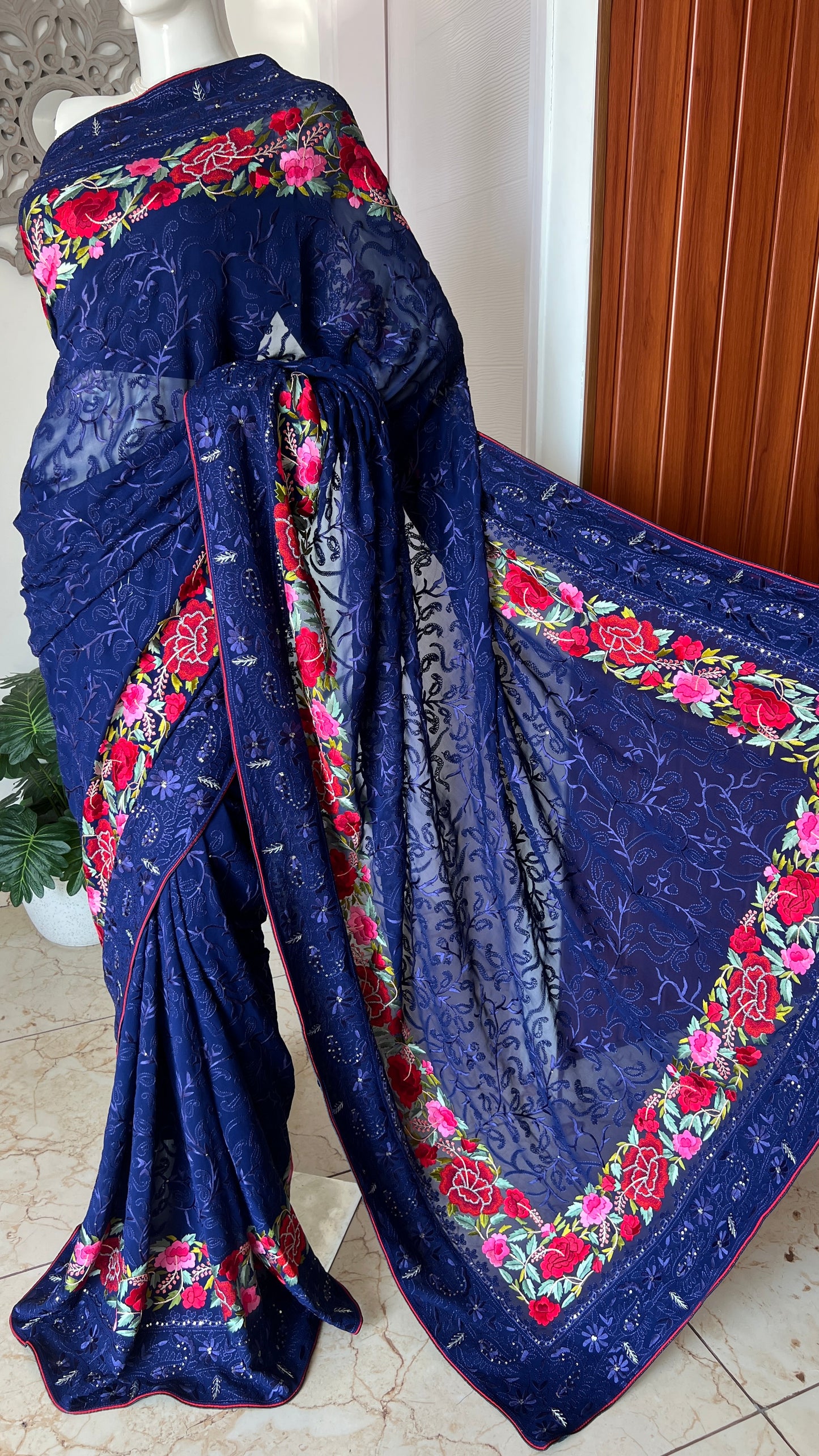 Navy Blue Pure Georgette saree with allover Parsi gara and french knot hand embroidery