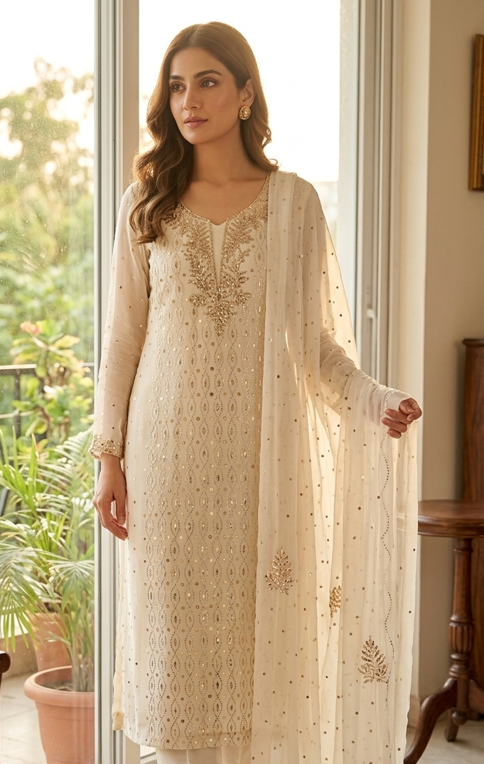 Ruhani Ivory Badla and Mukaish Embroidered Kurta & Dupatta Set