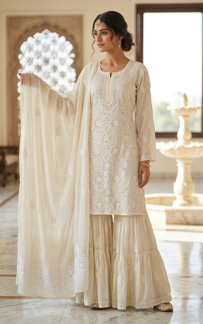 Ivory pure georgette Chikankari and Mukaish sharara set