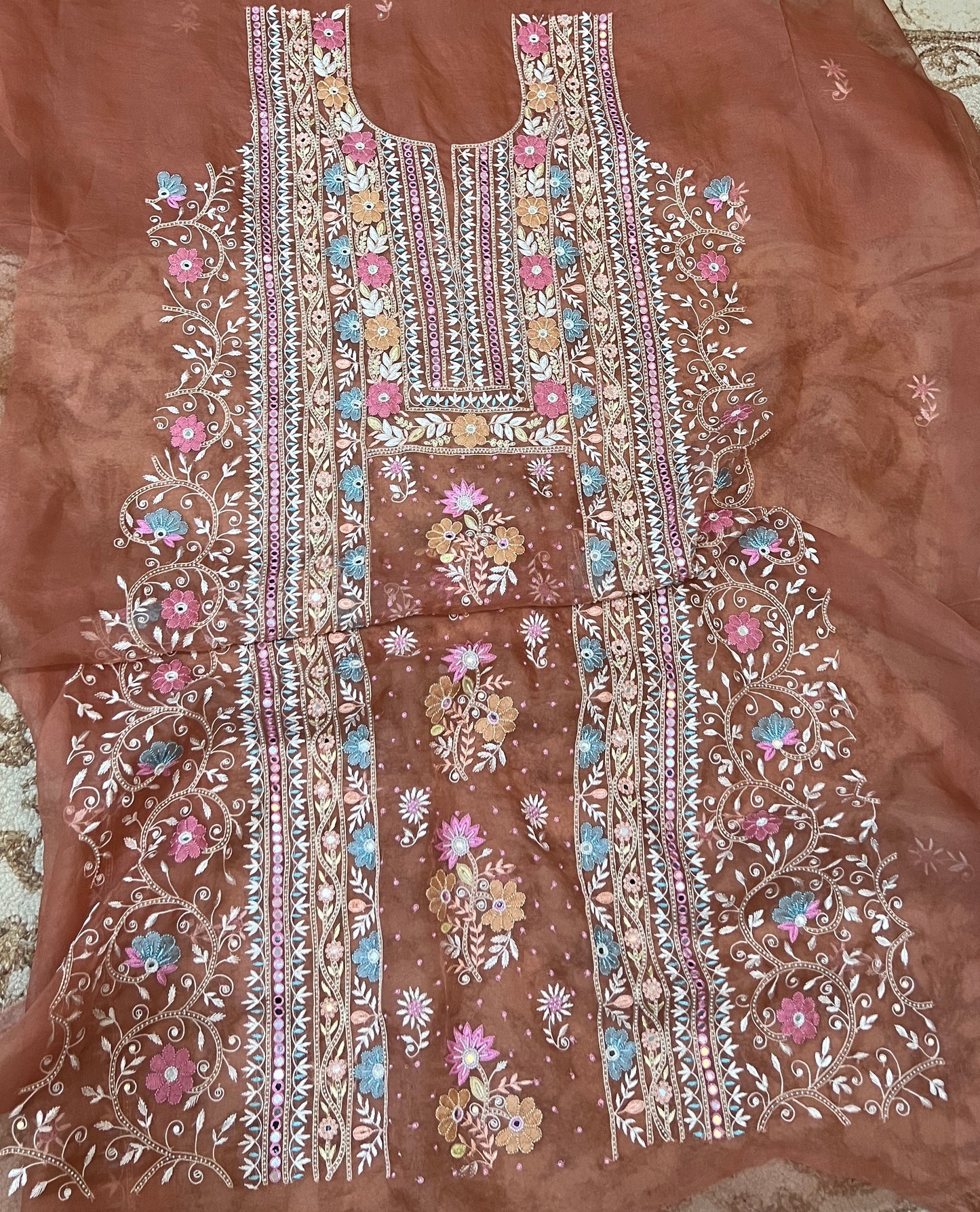 Ruhani Rusty Rose fine Chikankari pure Organza kurta with dupatta