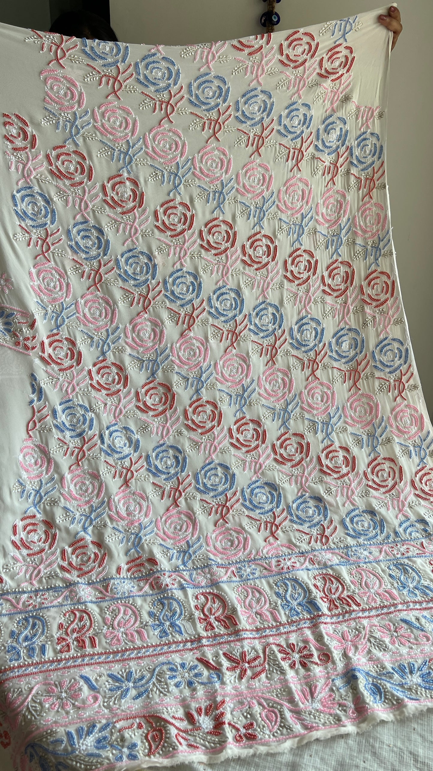 Ivory Chikankari and multicolored Beads Embroidered Kurta and Dupatta