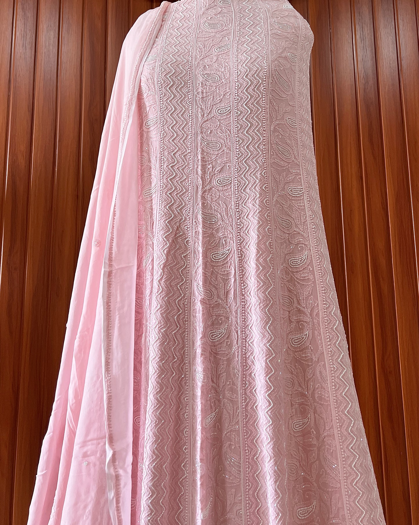Peachy pink Chikankari Cut Dana and pearl Anarkali with Dupatta