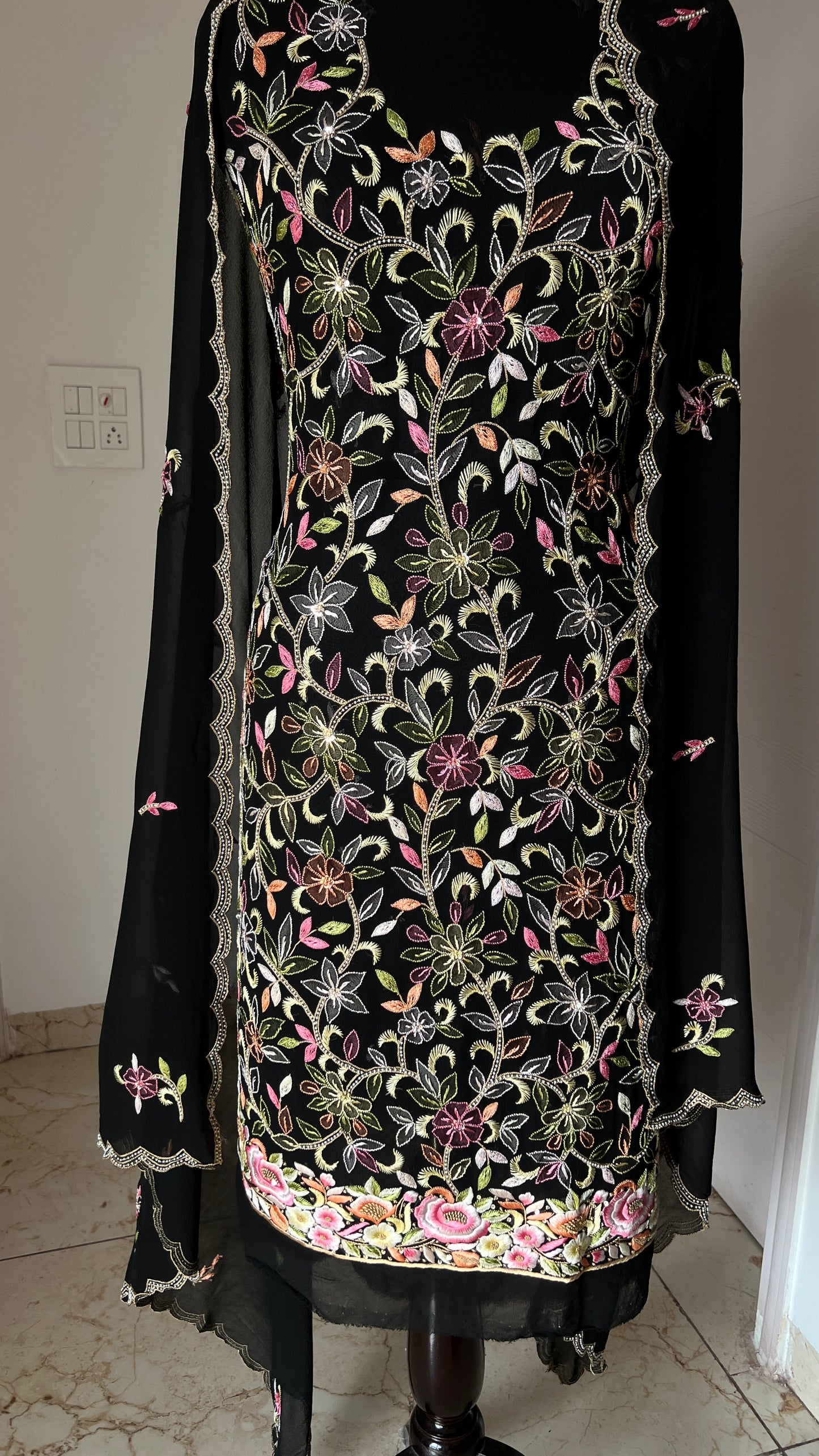 Black Resham Chikankari Parsi Gara and pearl work suit