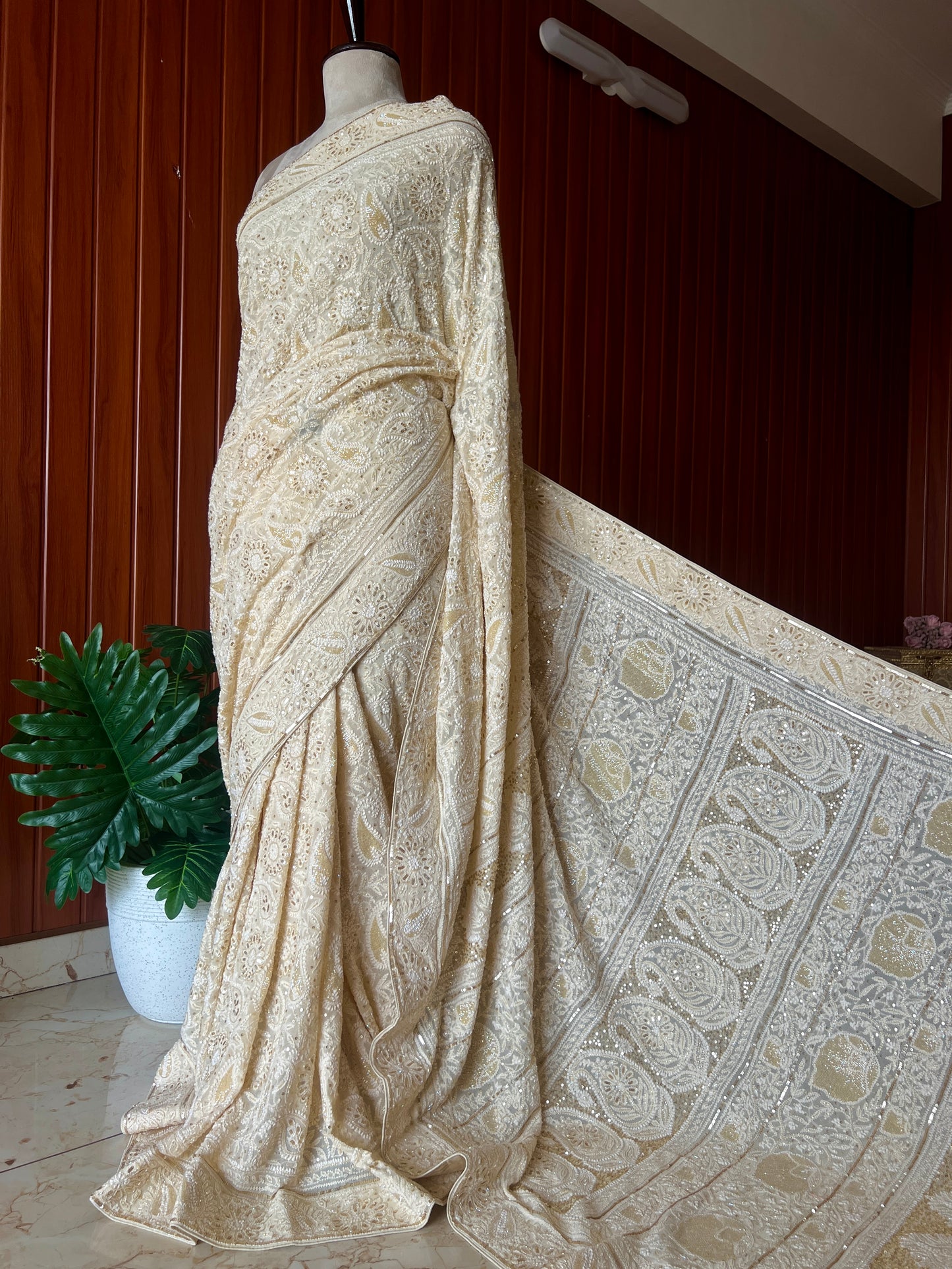Ruhani Butter Cream Chikankari Sequins Cut Dana Embroidered Masterpiece Saree