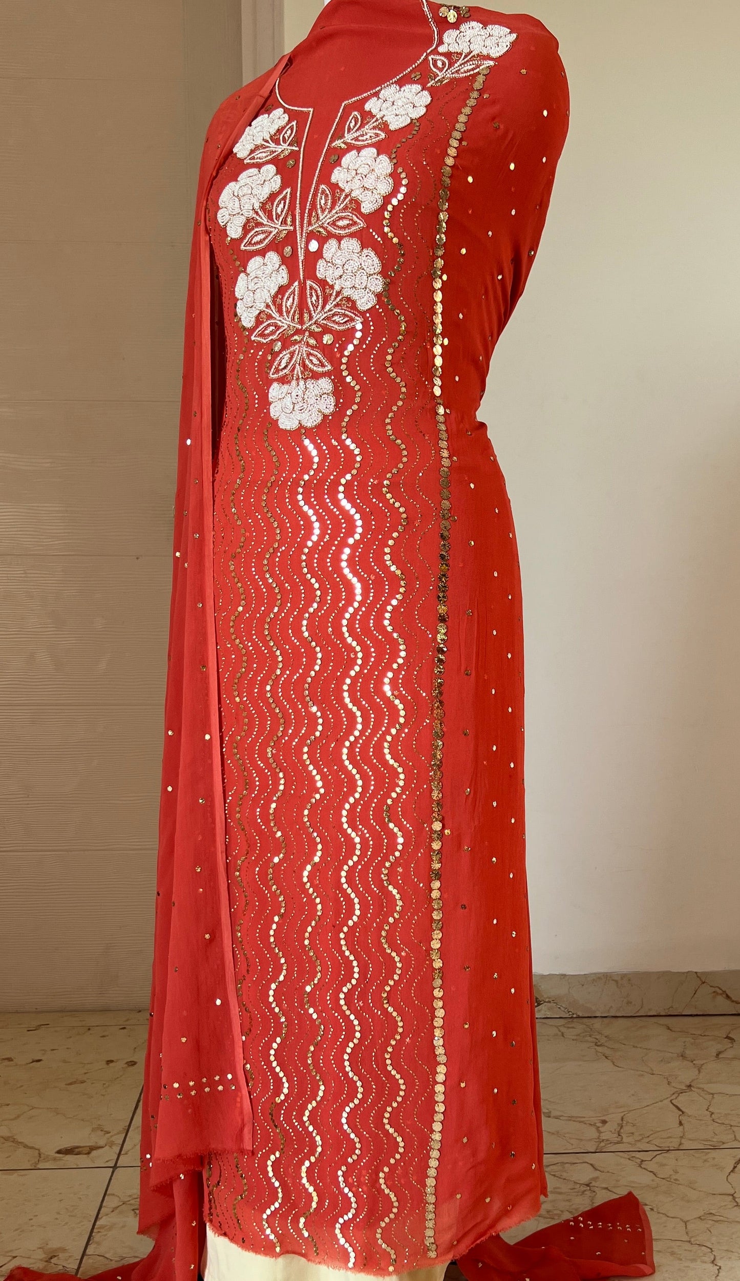 Rust mukaish and pearl work Kurta and Dupatta
