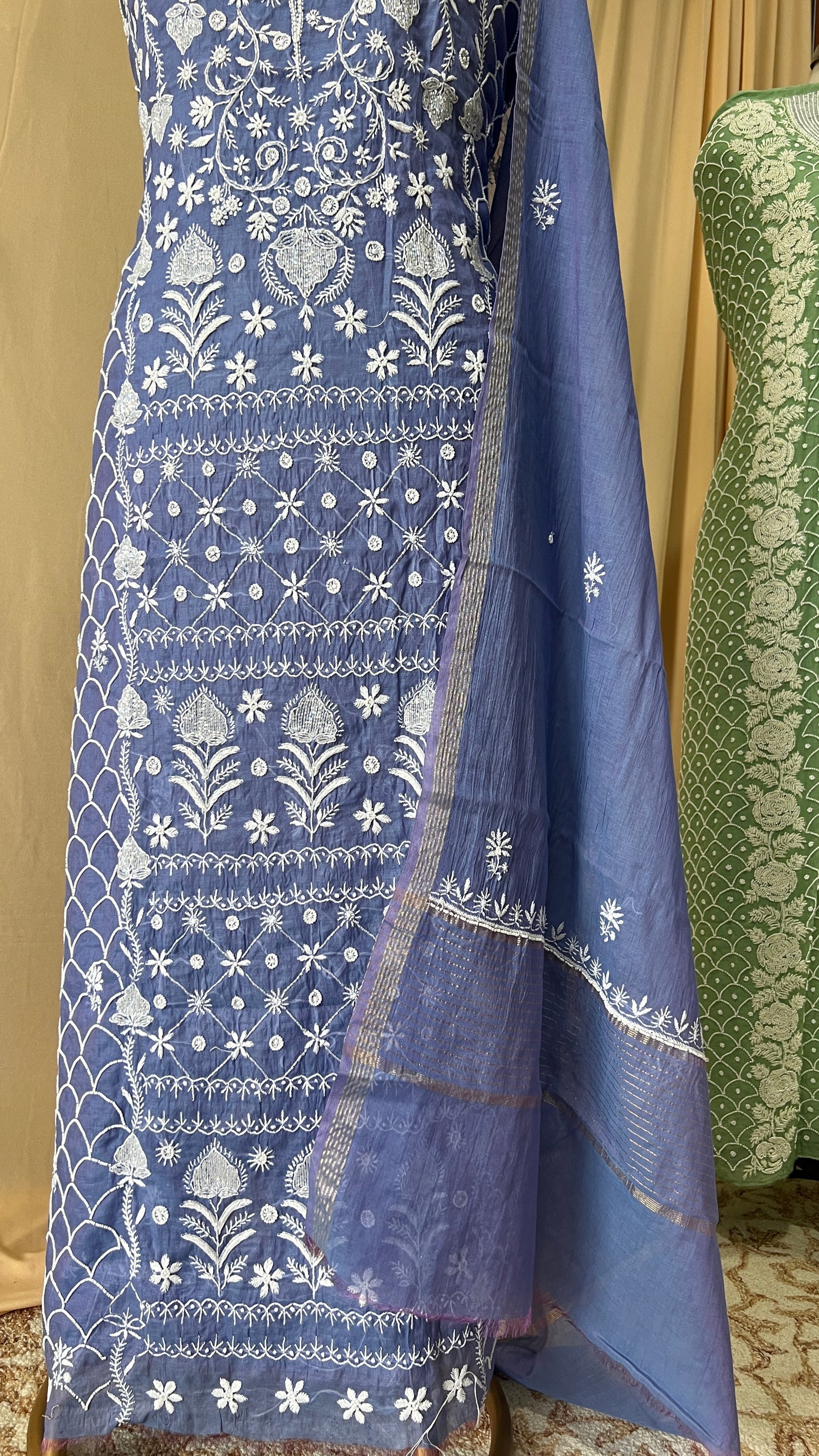 Mauvish blue Mul Chanderi Kurta and Dupatta