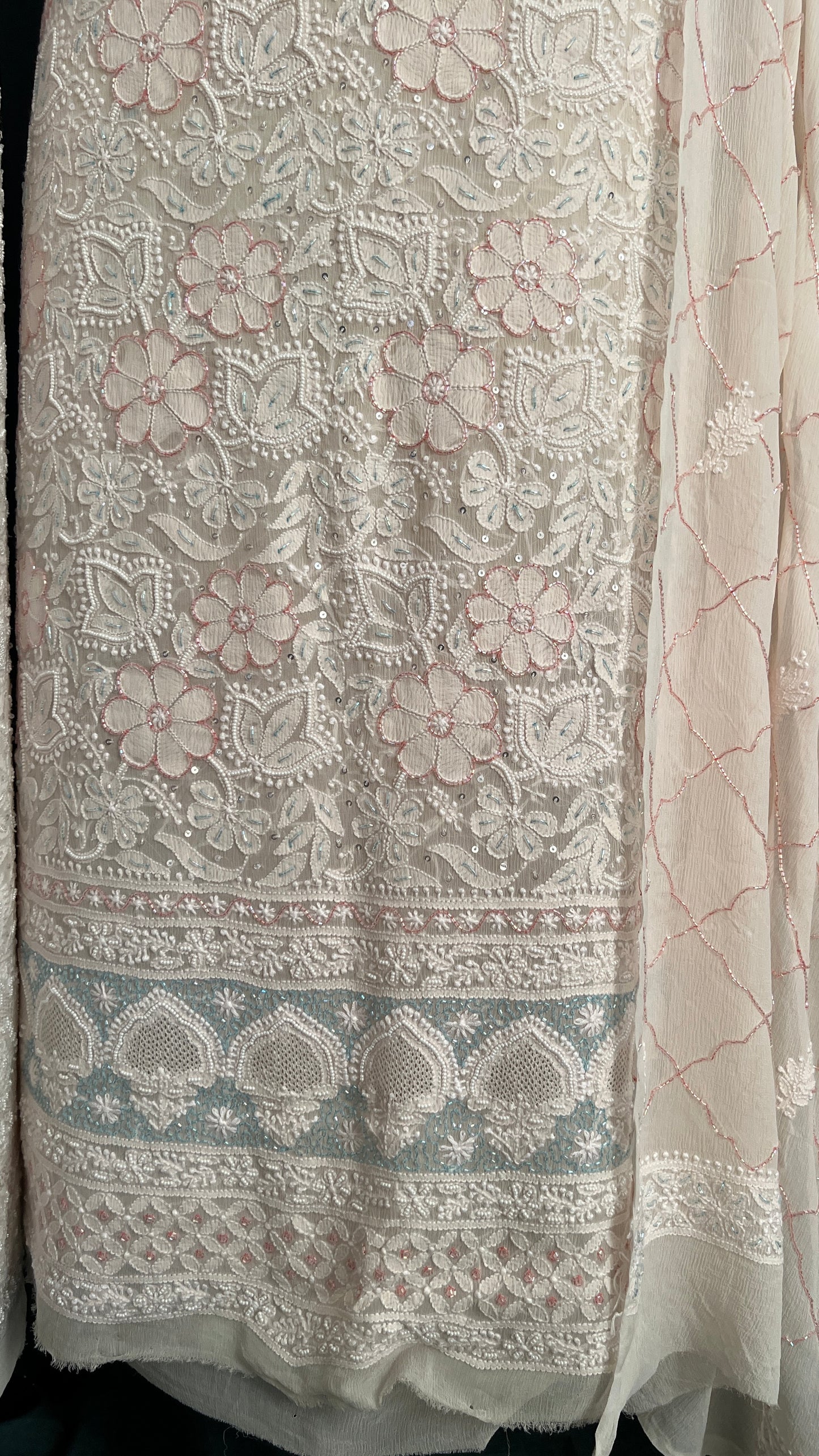 Cream pure chiffon Chikankari cut dana and sequins kurta and dupatta