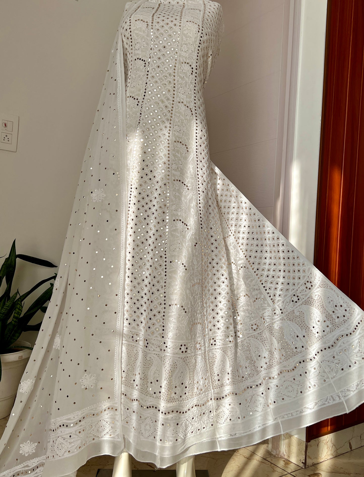 White allover Chikankari and mukaish anarkali with dupatta