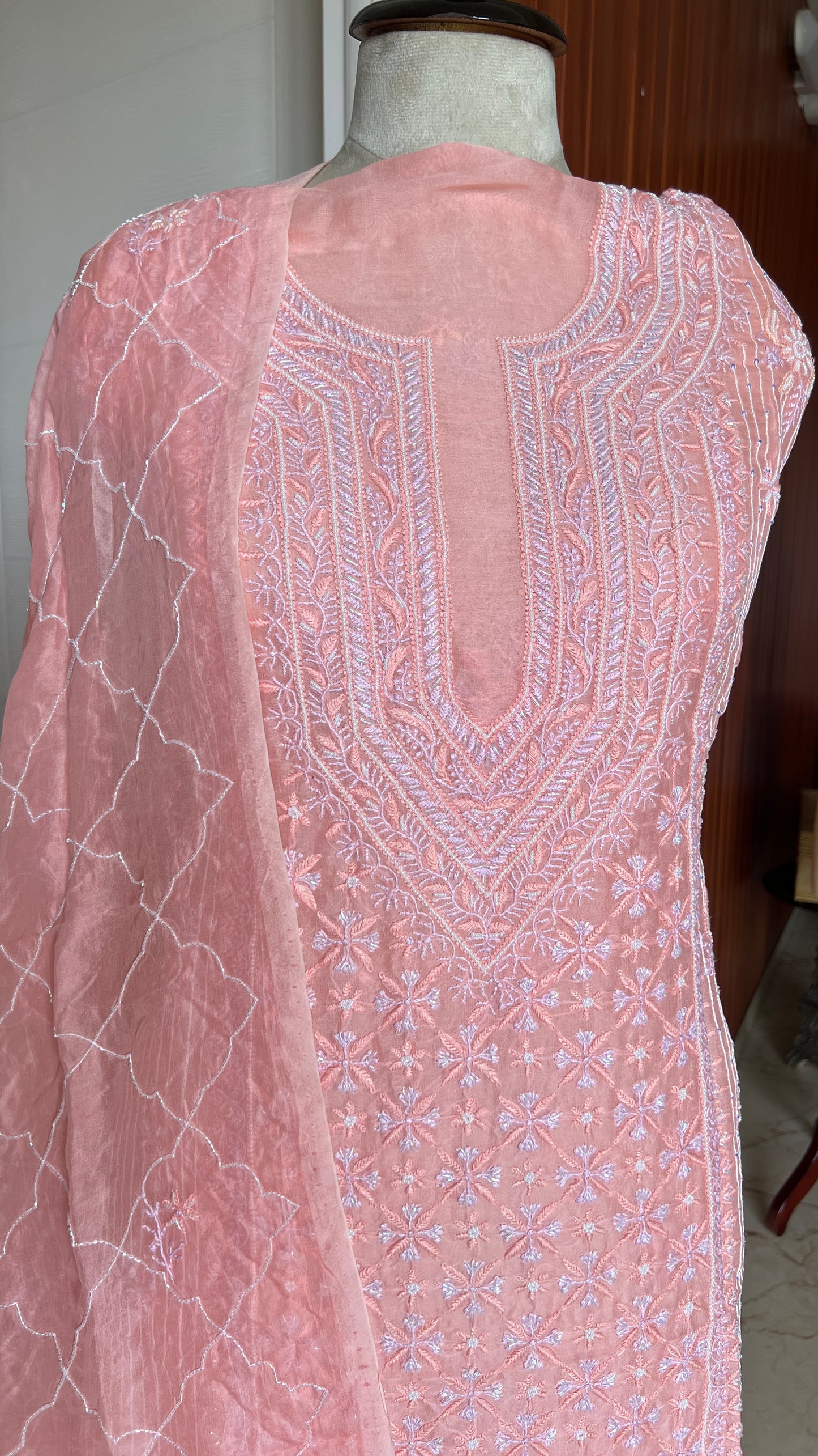 Ruhani Gajri Pink Chikankari & heavy Sequins pure Organza kurta with dupatta