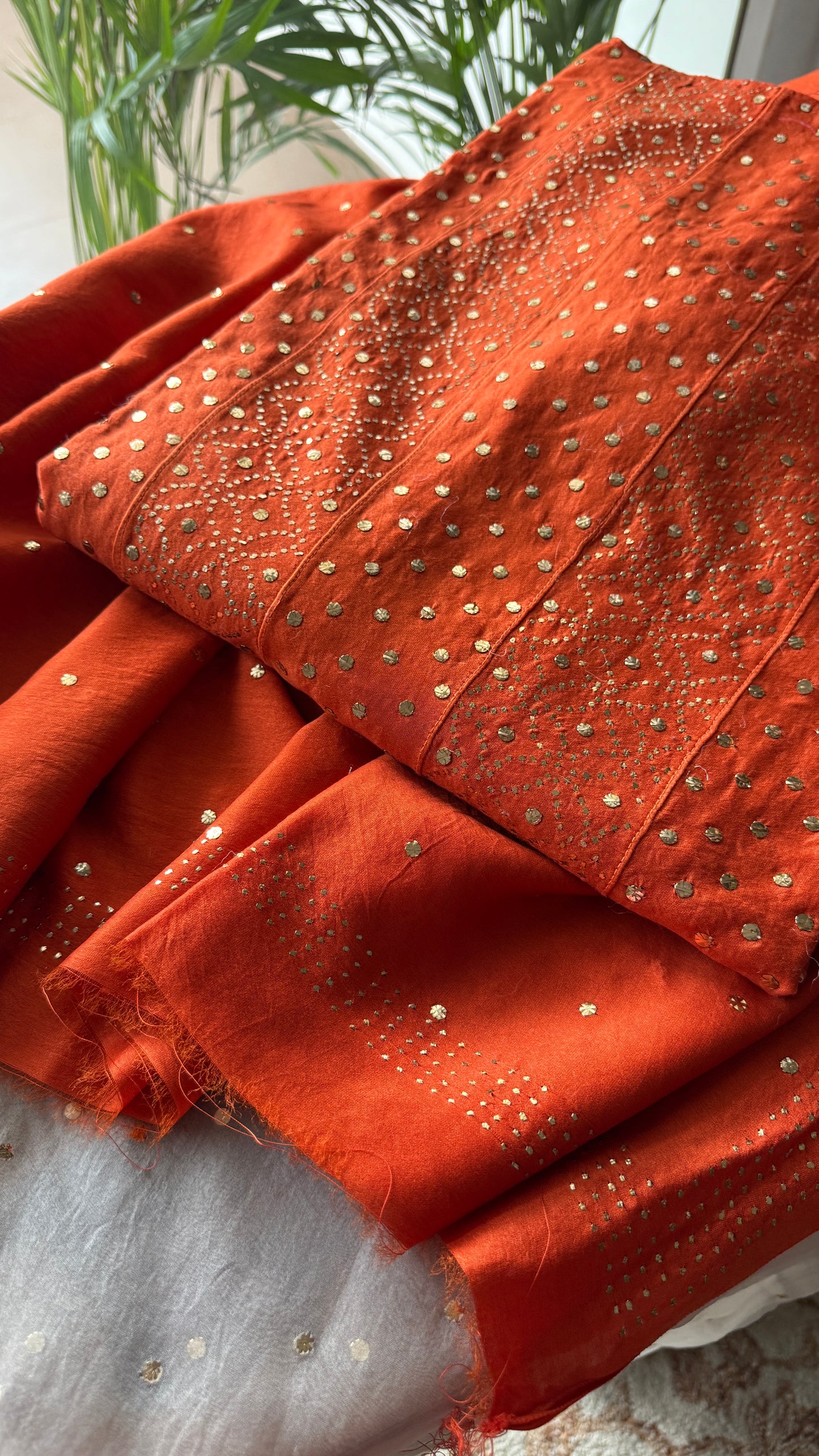 Rust Orange Allover Heavy Mukaish Chanderi Silk Anarkali with Dupatta
