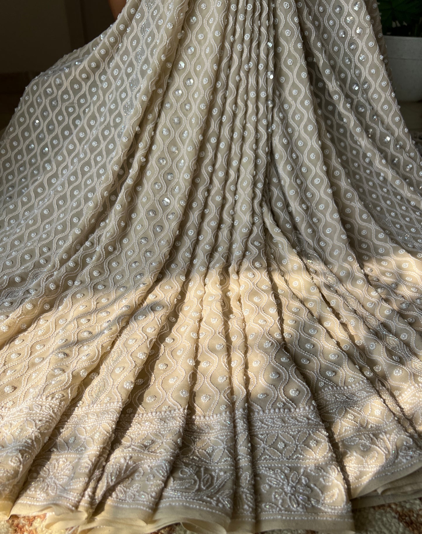 Ruhani Nude Champagne Chikankari Pearl Cut Dana and Sequins Saree