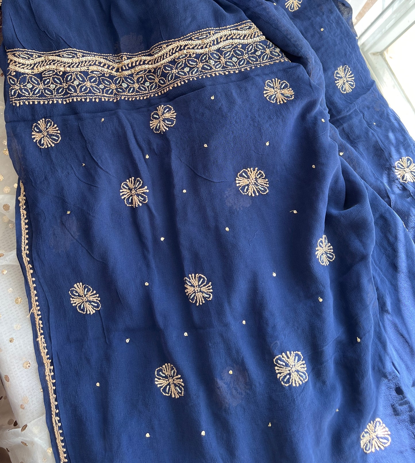 Ruhani Blue Chikankari golden cut dana sequins kurta and dupatta