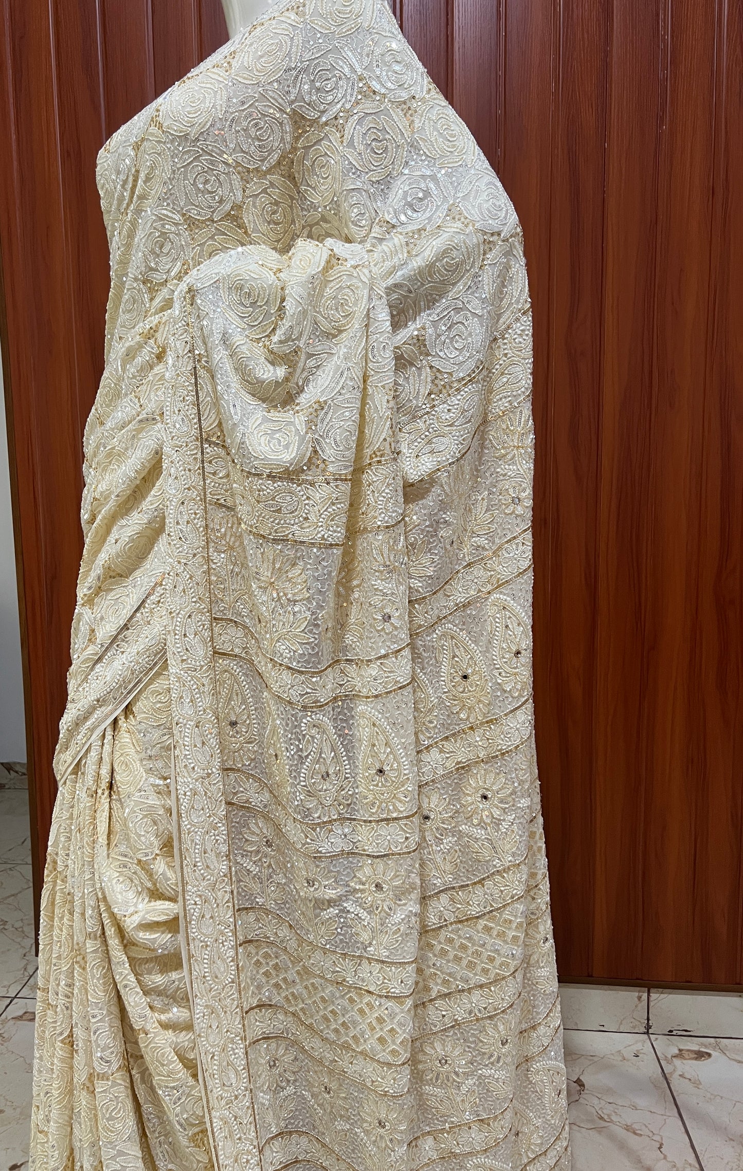 Ruhani Ivory Chikankari Sequins Cut Dana Embroidered Masterpiece Saree