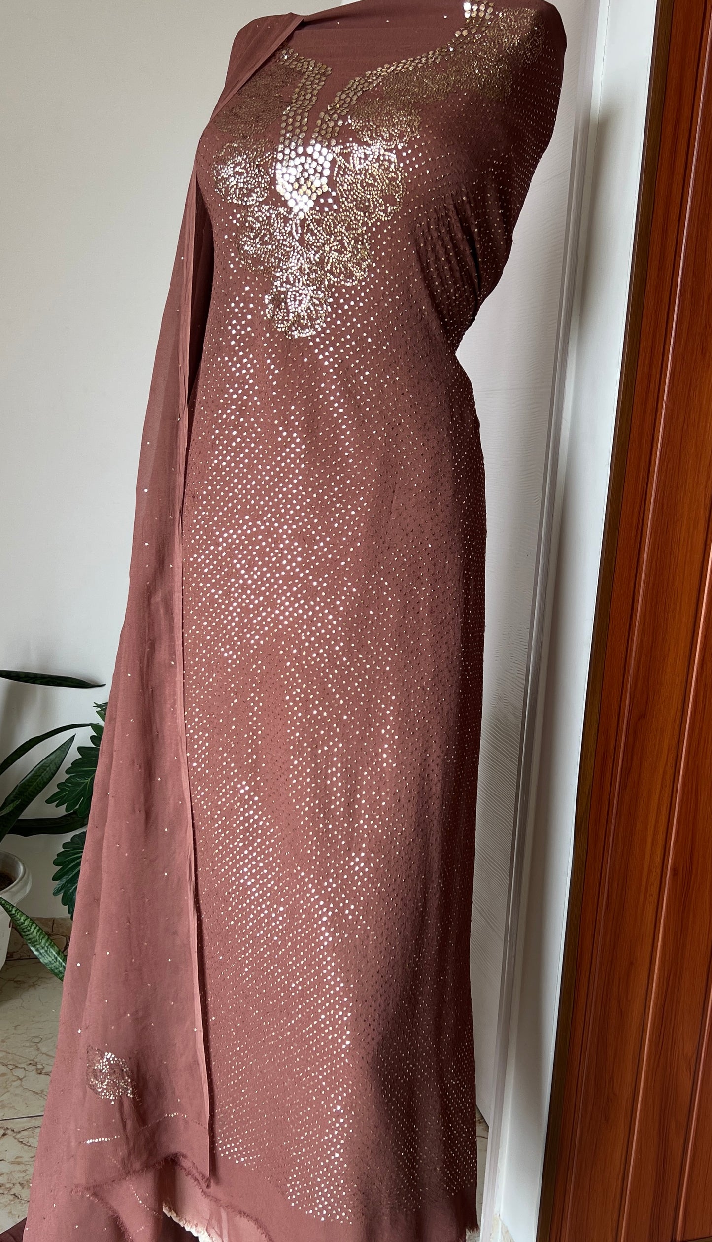 Brown bareek mukaish work Kurta and Dupatta