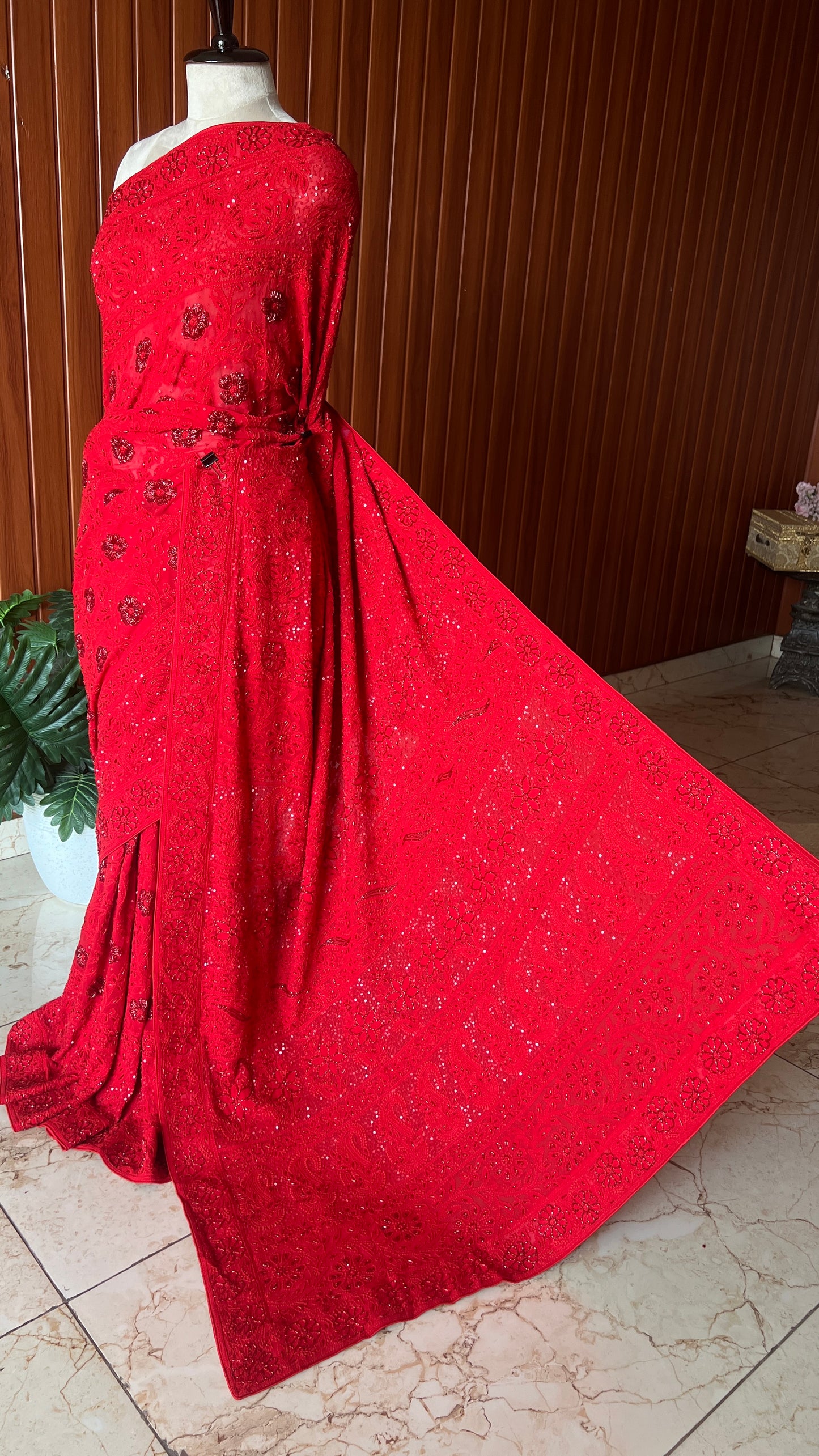 Red Masterpiece Chikankari Cut Dana Sequins Saree