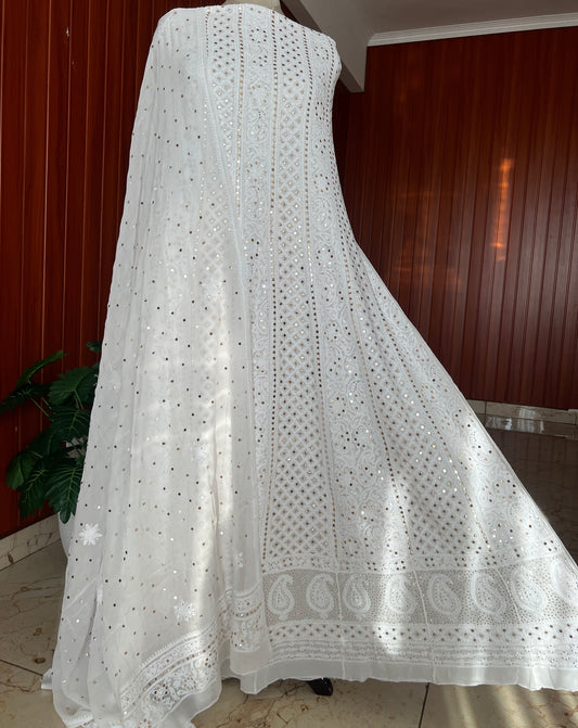 White allover Chikankari and mukaish anarkali with dupatta