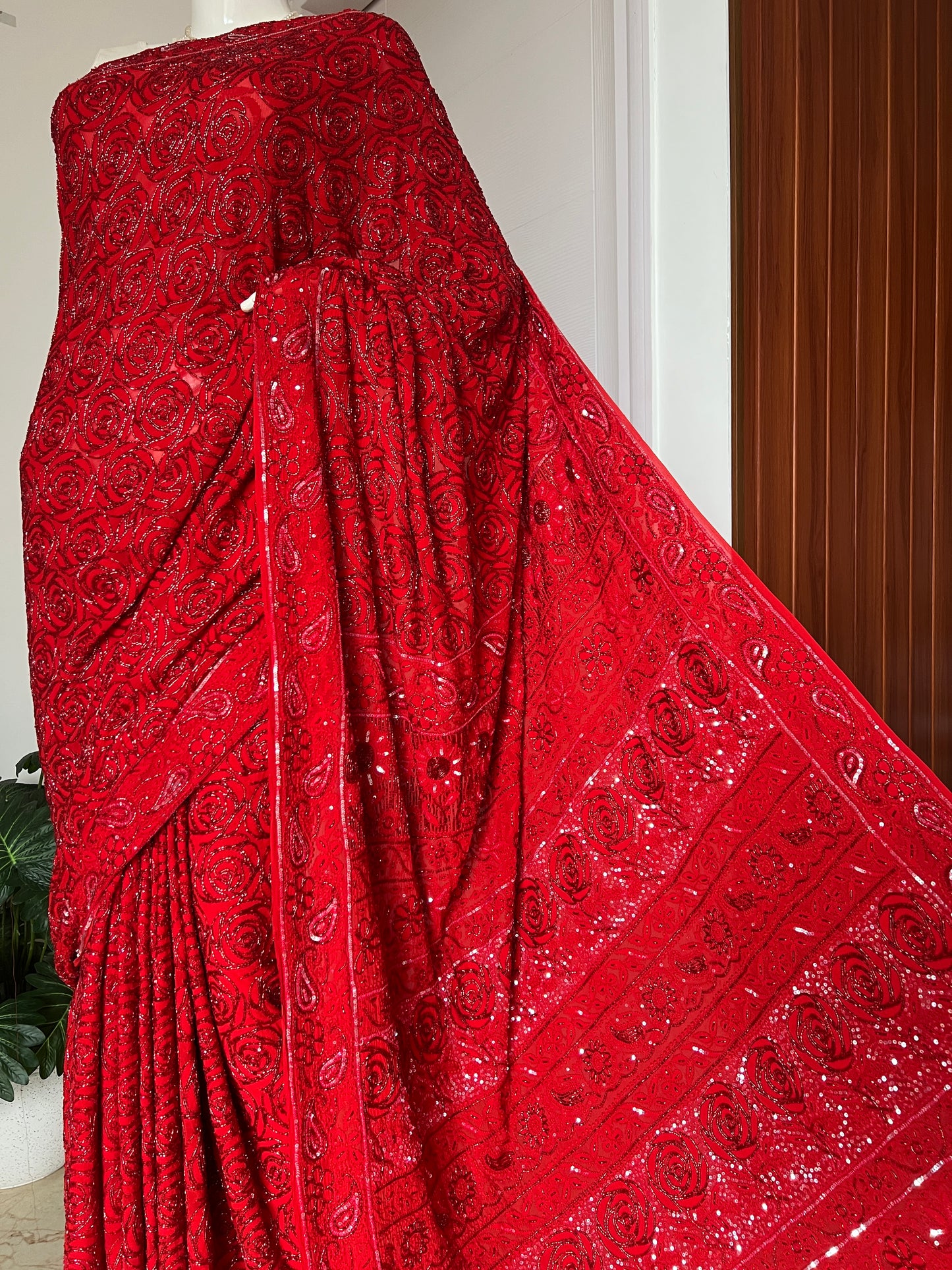Red Gulaab Masterpiece Chikankari Cut Dana Sequins Saree