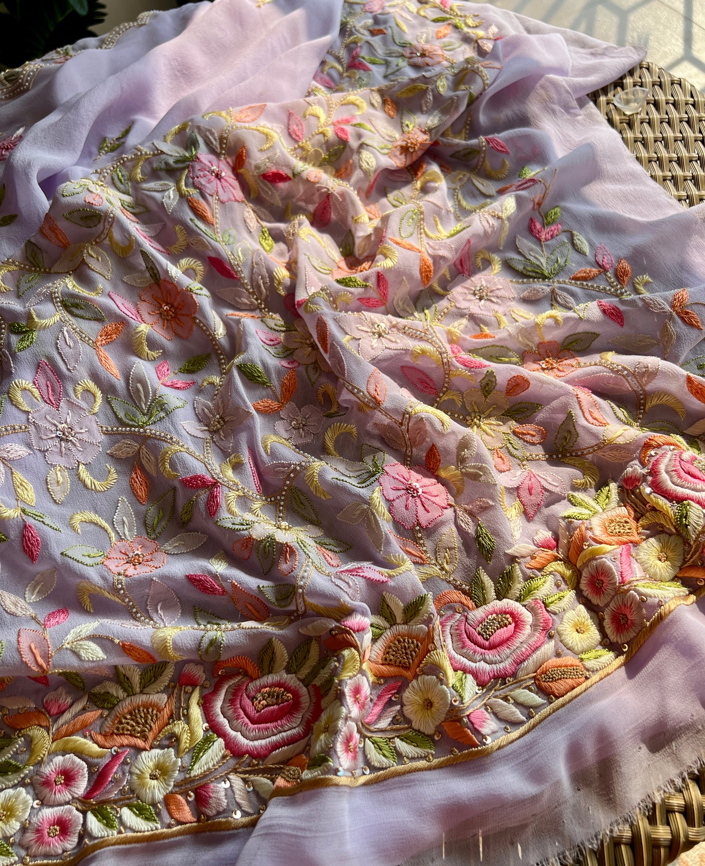 Lavender Resham Chikankari Parsi Gara and pearl work suit