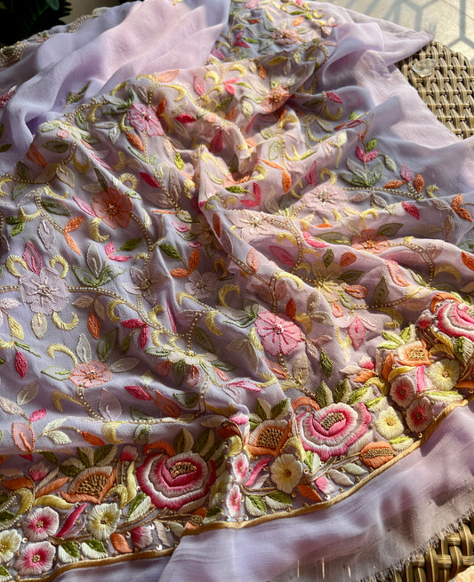 Lavender Resham Chikankari Parsi Gara and pearl work suit