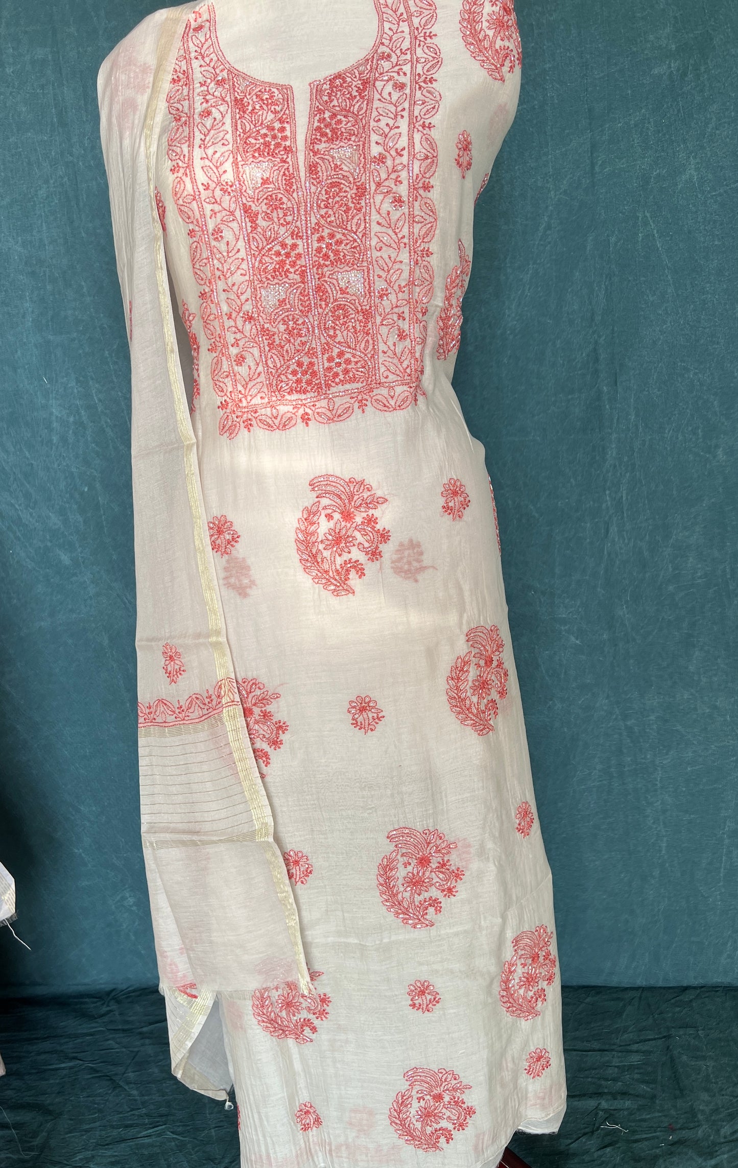 Mul Chanderi Chikankari Kurta and Dupatta Set