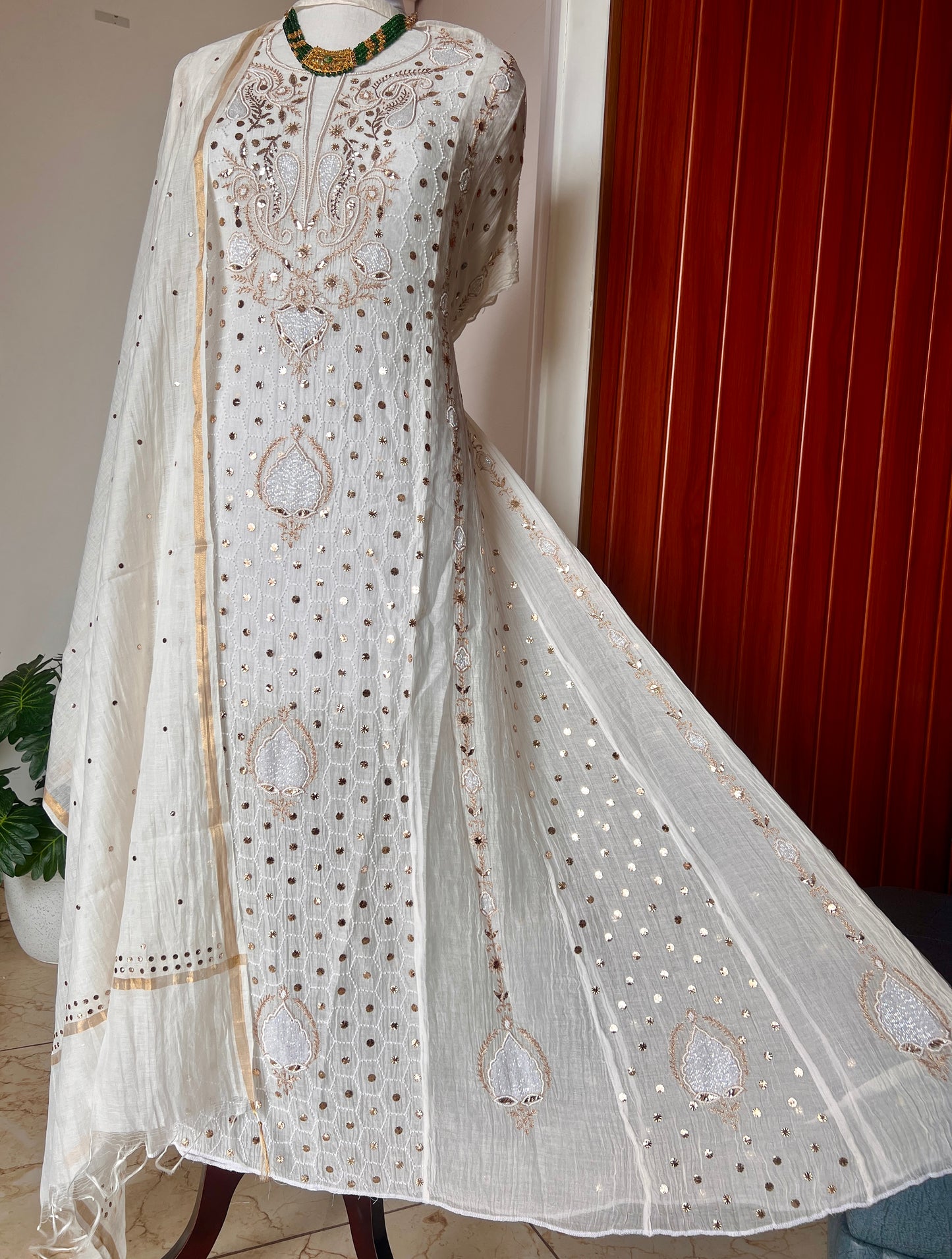 Mul Chanderi Anarkali with Mukaish and pearl work