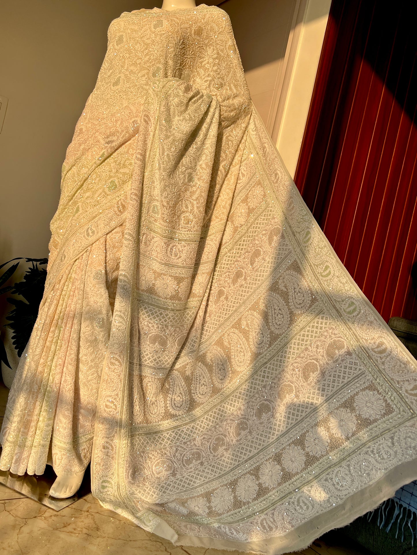 Ruhani Ivory Chikankari Multi Cut Dana and Sequins Saree
