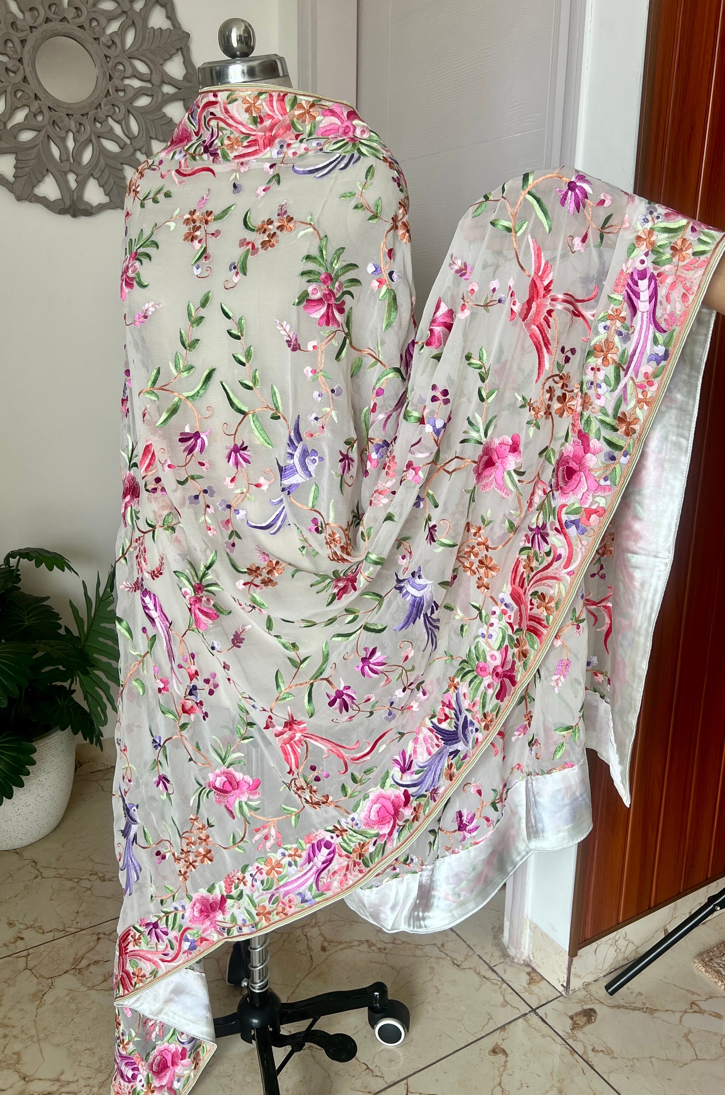 Ivory Masterpiece Parsi Gara Hand Embroidered Dupatta